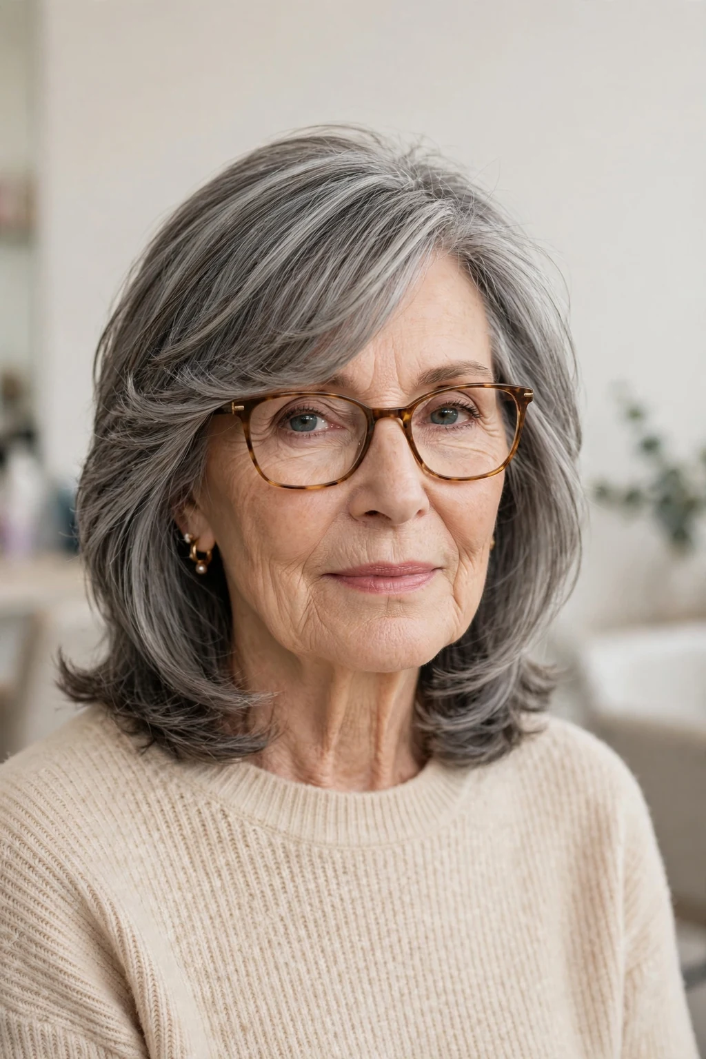 Elegant woman over 70 with glasses and medium-length hair with side-swept bangs, graceful diagonal fringe, chic light.
