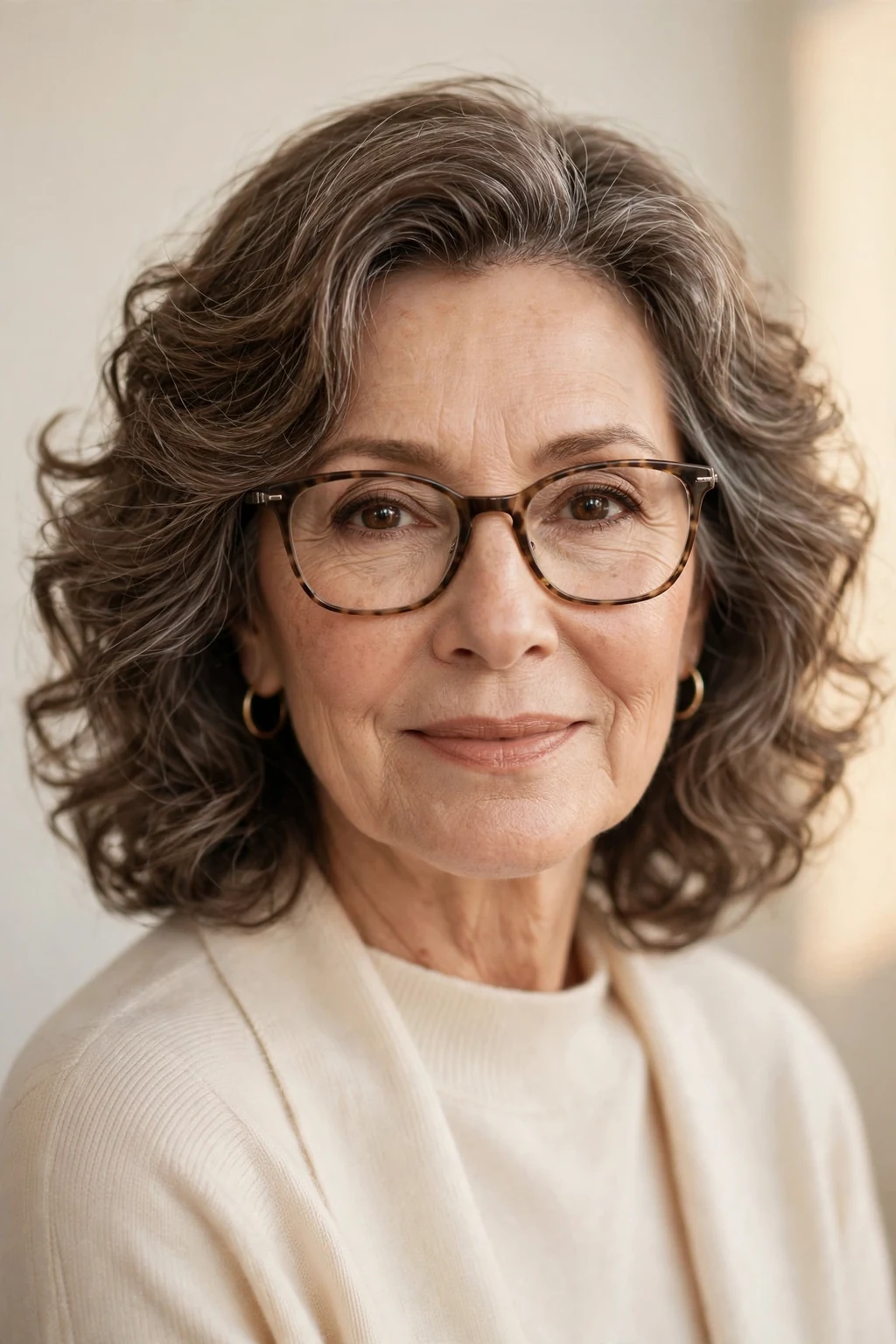 Elegant woman over 50 with glasses and medium-length soft perm, gentle romantic waves, warm light.