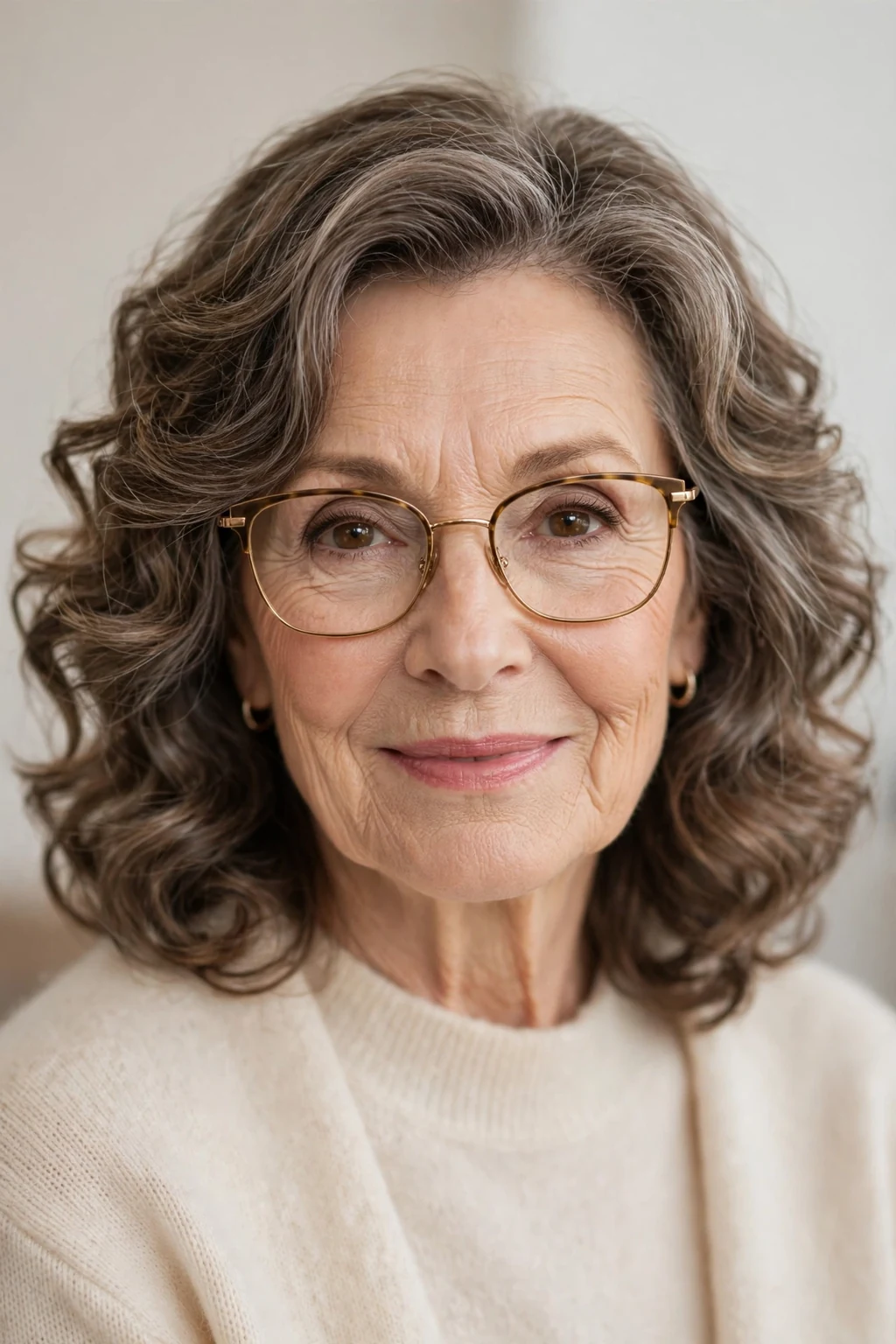 Elegant woman over 60 with glasses and medium-length soft perm, gentle romantic waves, warm light.