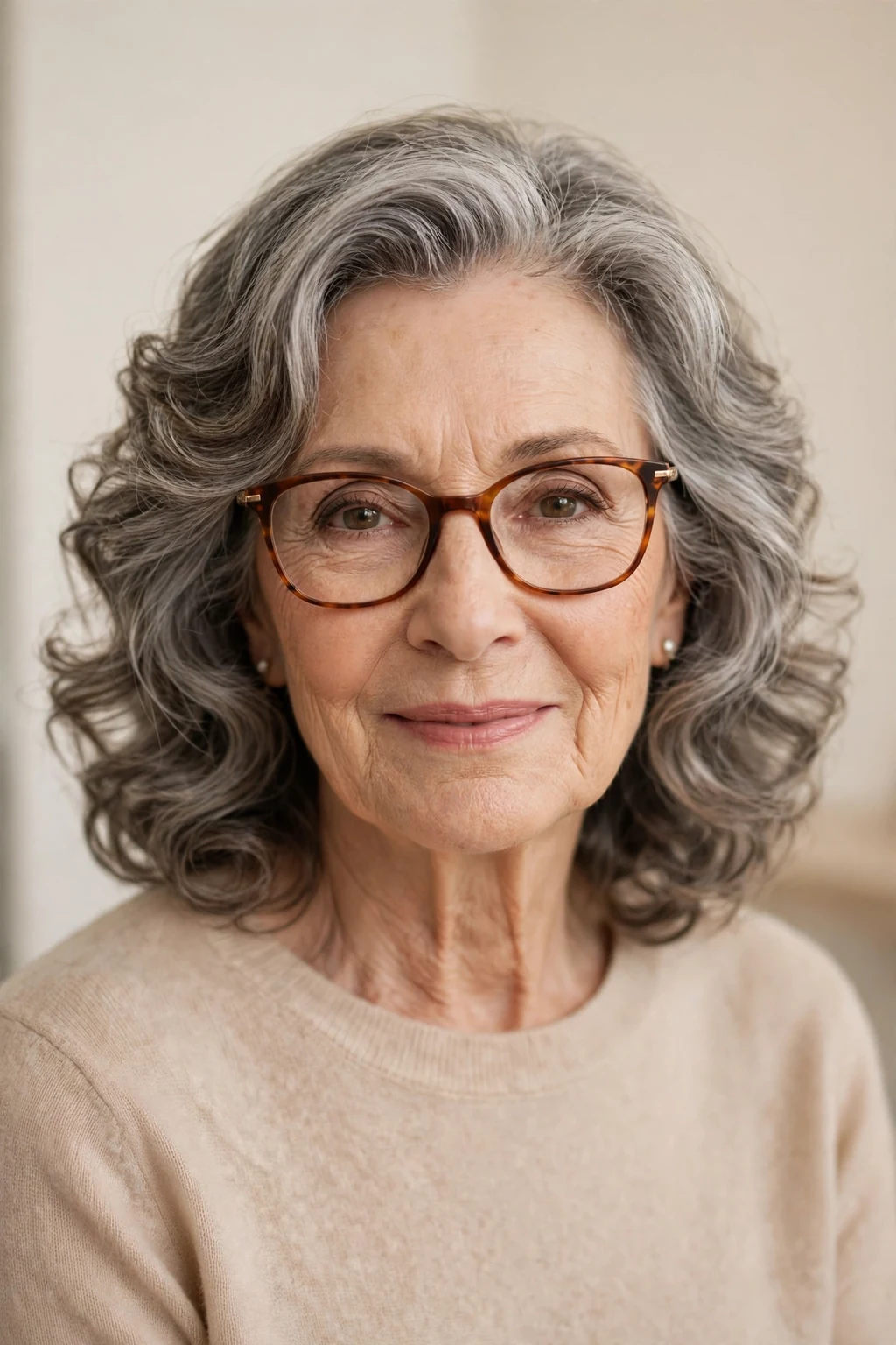 Elegant woman over 70 with glasses and medium-length soft perm, gentle romantic waves, warm light.