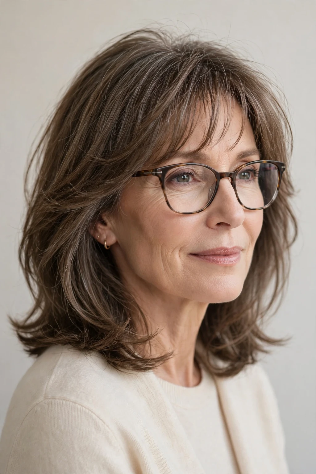 Elegant woman over 50 with glasses and medium-length hair with wispy fringe, delicate airy bangs, gentle light.