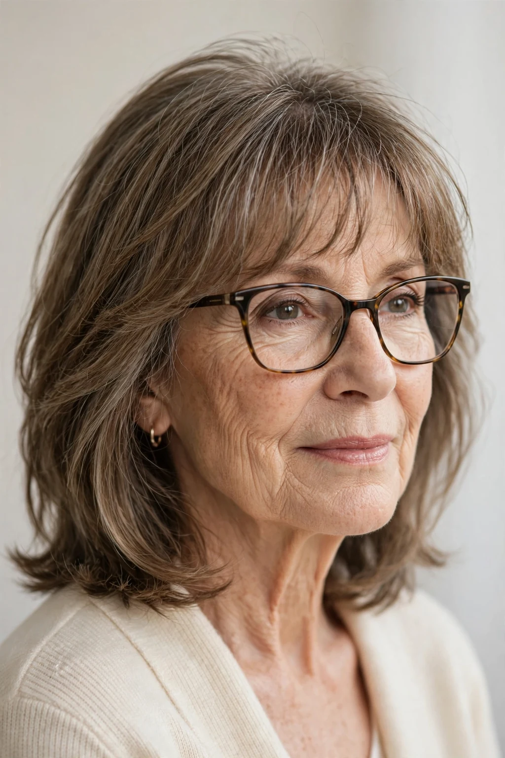Elegant woman over 60 with glasses and medium-length hair with wispy fringe, delicate airy bangs, gentle light.