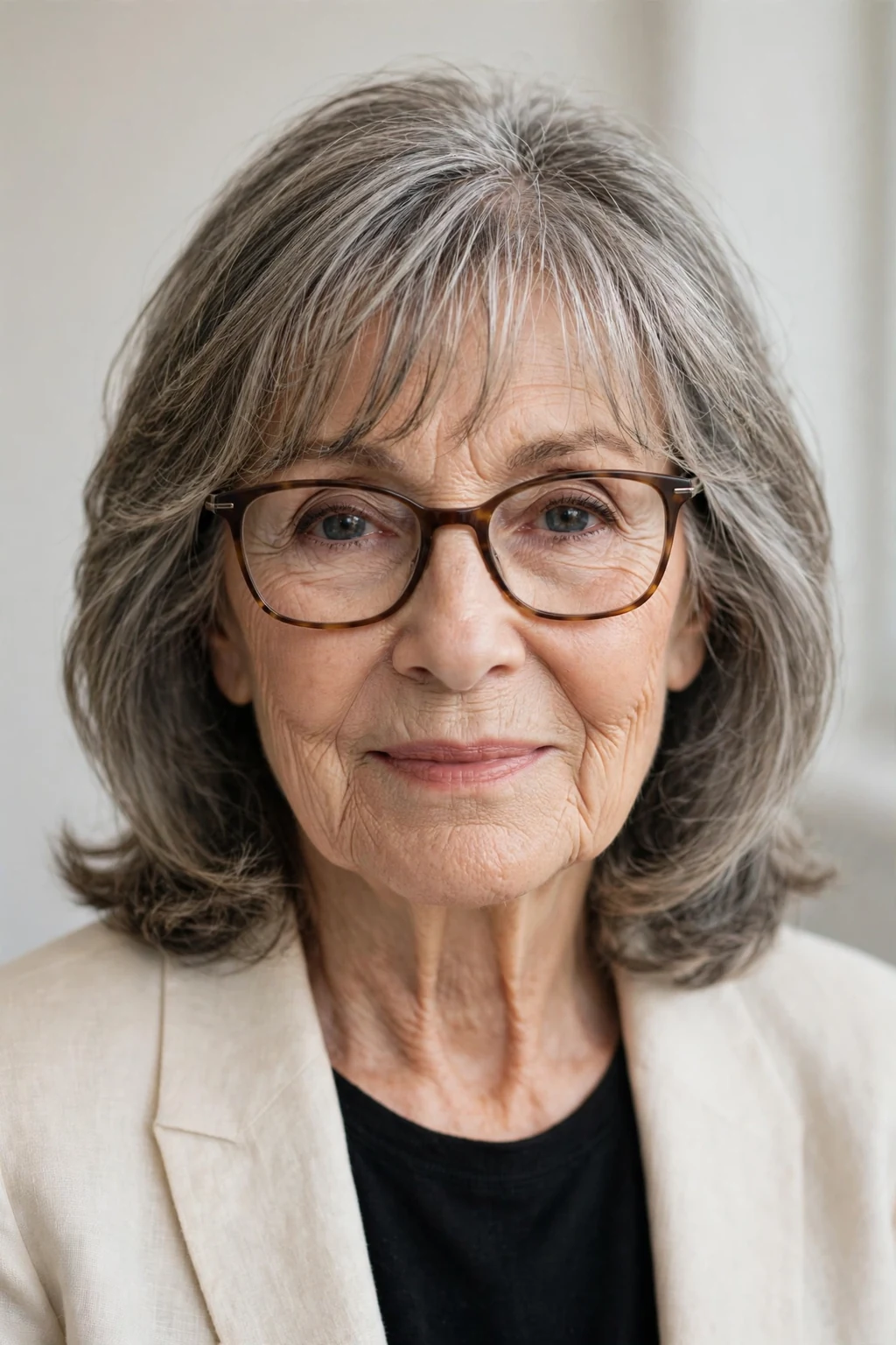Elegant woman over 70 with glasses and medium-length hair with wispy fringe, delicate airy bangs, gentle light.