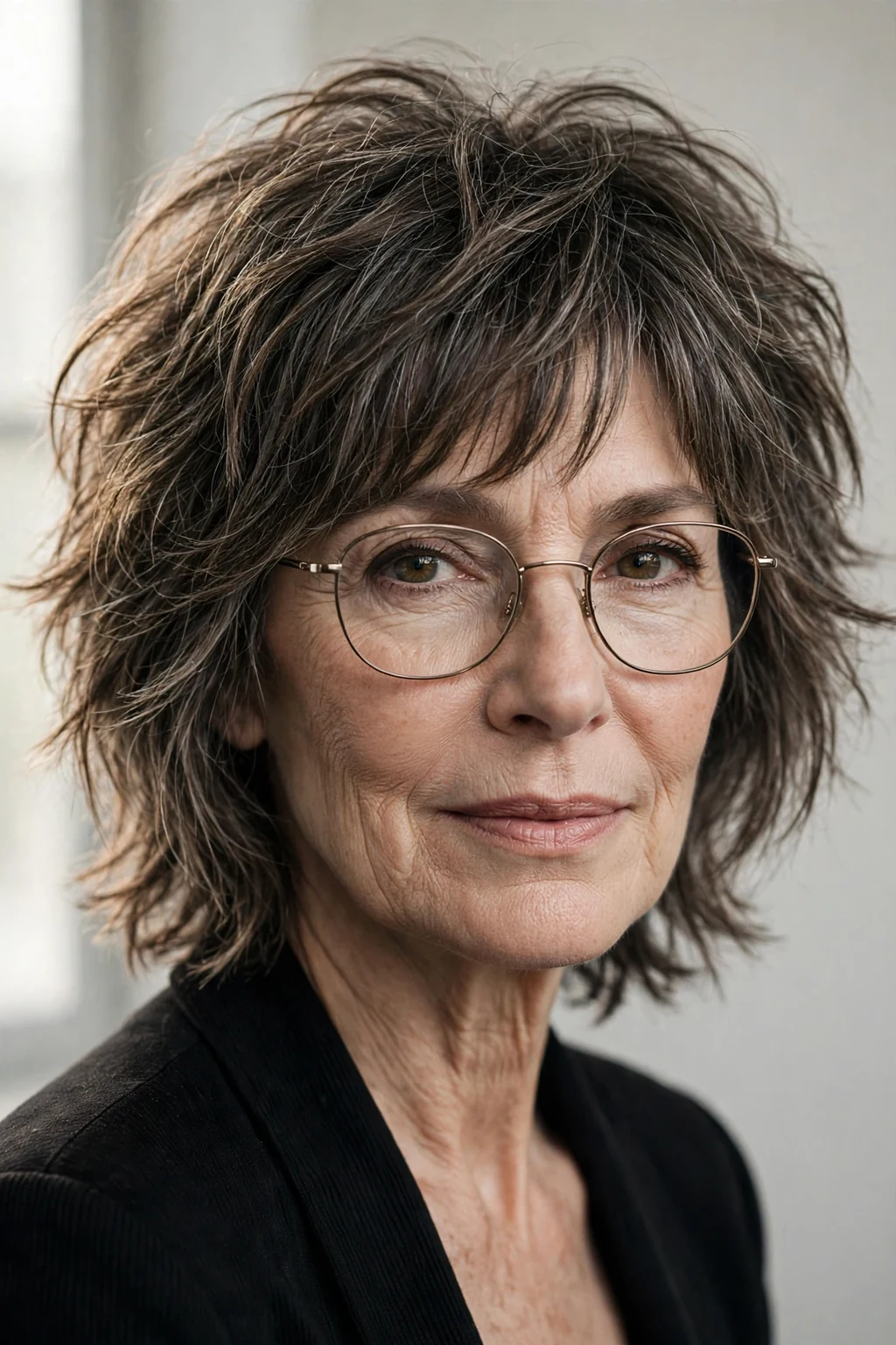 Elegant woman over 50 with glasses and medium shag, textured lived-in layers, edgy light.