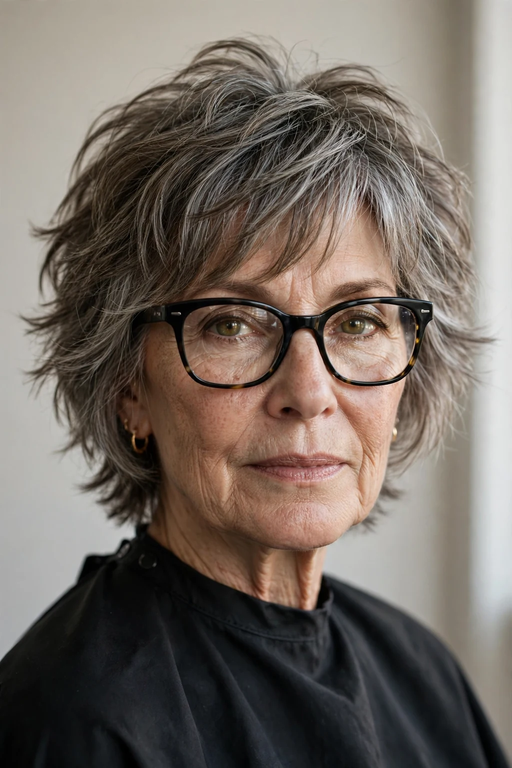 Elegant woman over 60 with glasses and medium shag, textured lived-in layers, edgy light.