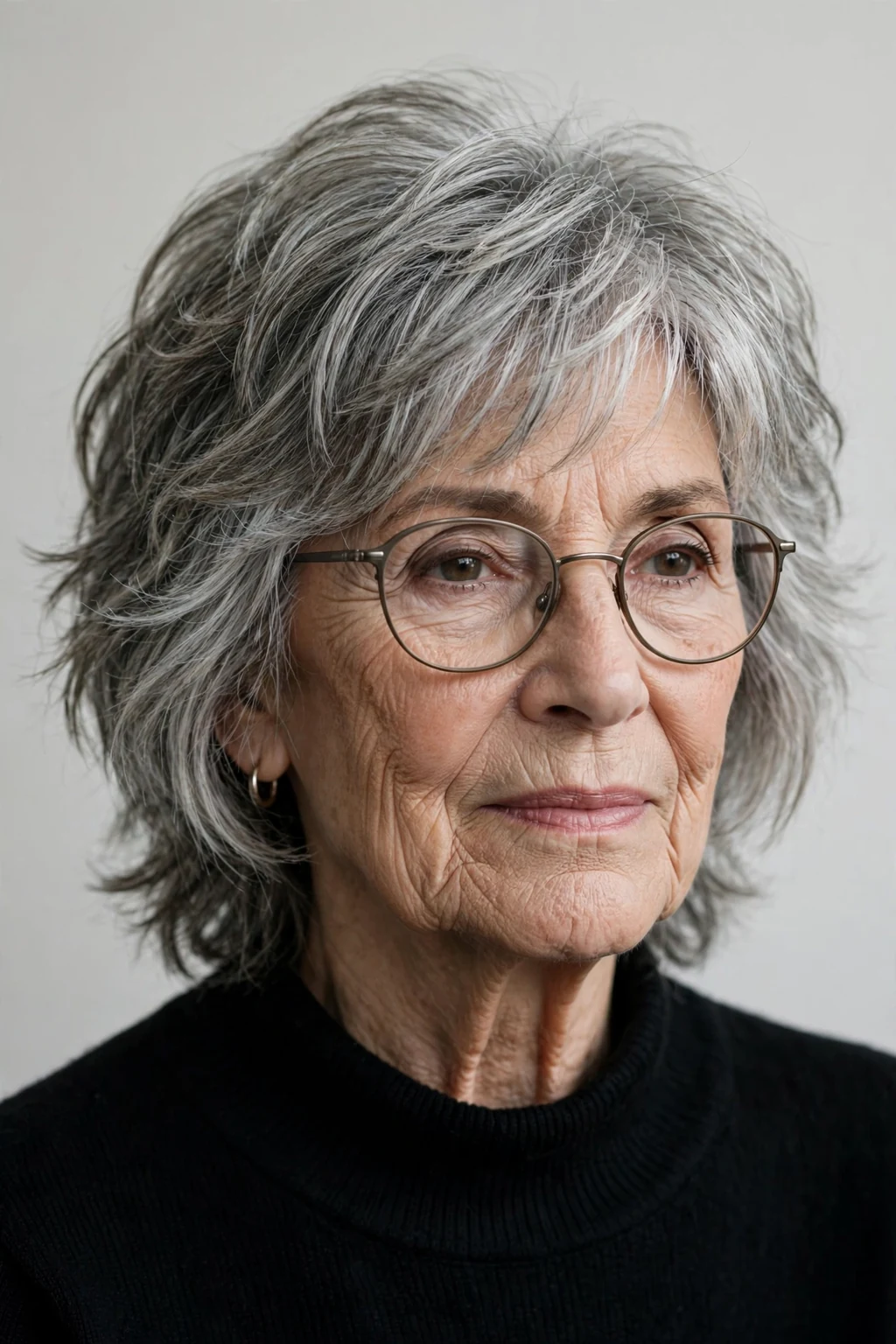 Elegant woman over 70 with glasses and medium shag, textured lived-in layers, edgy light.