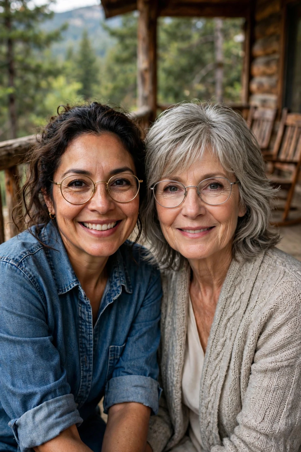 Elegant older woman over 50 with fine hair and glasses and medium shag, textured lived-in layers, edgy light.