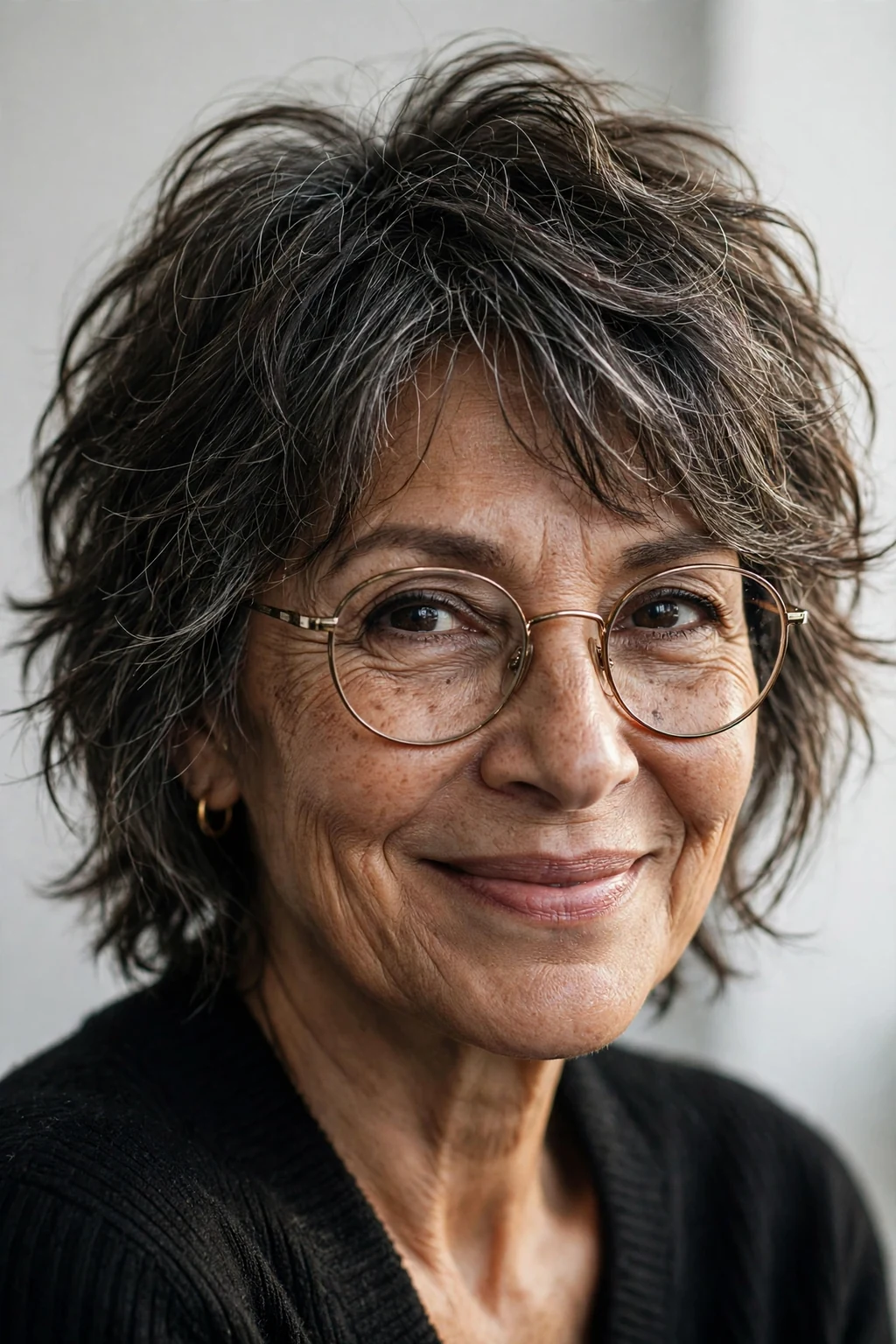Elegant woman over 60 with fine hair and glasses and medium shag, textured lived-in layers, edgy light.