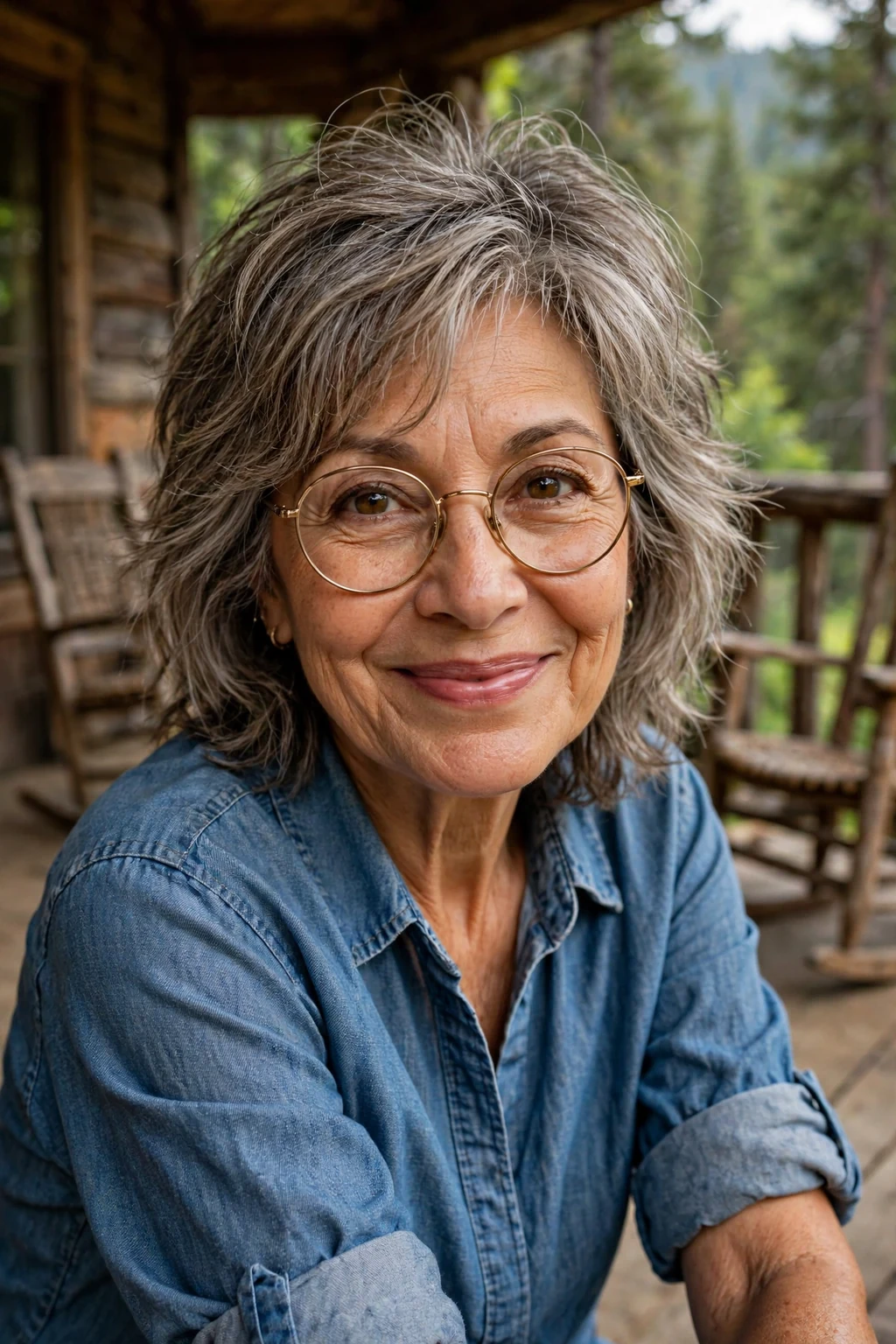 Elegant woman over 60 with fine hair and glasses and medium shag, textured lived-in layers, edgy light.