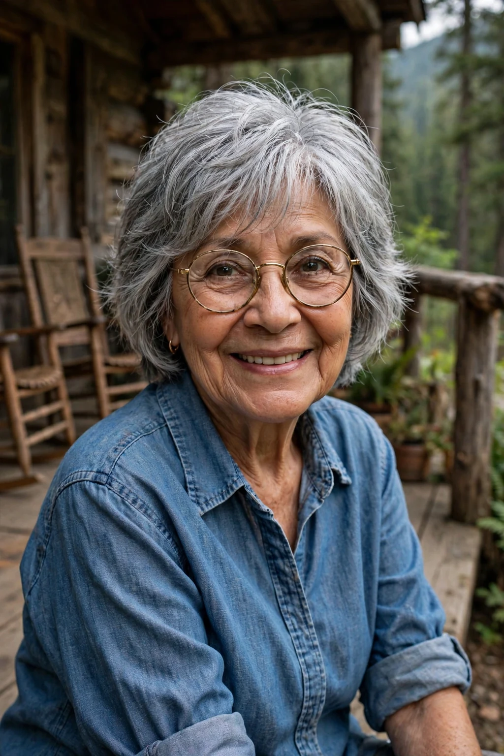 Elegant older woman over 70 with fine hair and glasses and medium shag, textured lived-in layers, edgy light.
