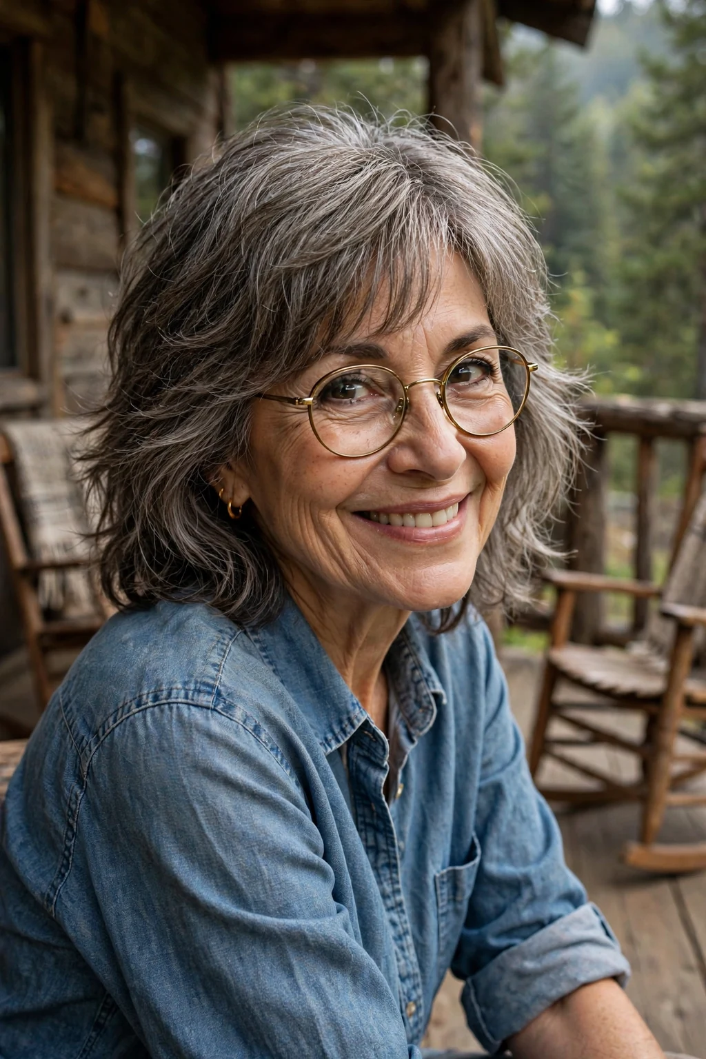 Elegant woman over 60 with fine hair and glasses and medium shag, textured lived-in layers, edgy light.