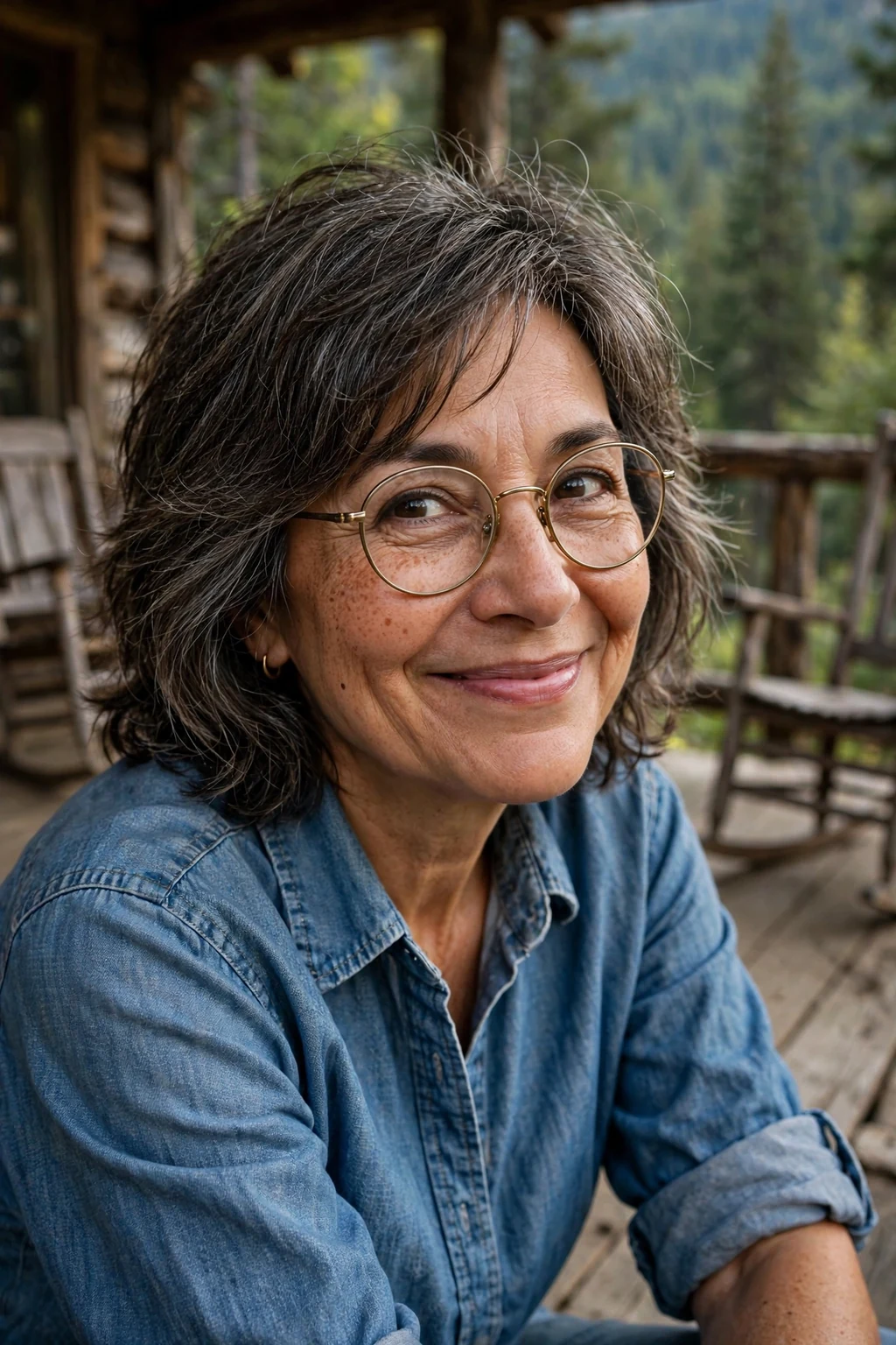 Elegant woman over 60 with fine hair and glasses and medium shag, textured lived-in layers, edgy light.
