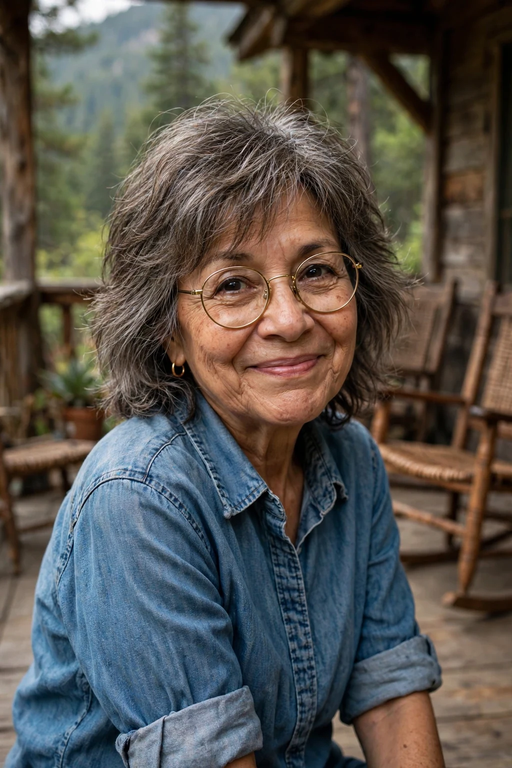 Elegant older woman with fine hair and glasses and medium shag, textured lived-in layers, edgy light.