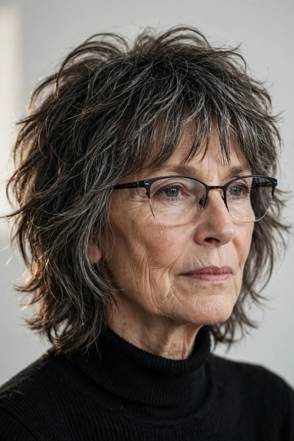 Elegant older woman with glasses and medium shag, textured lived-in layers, edgy light.