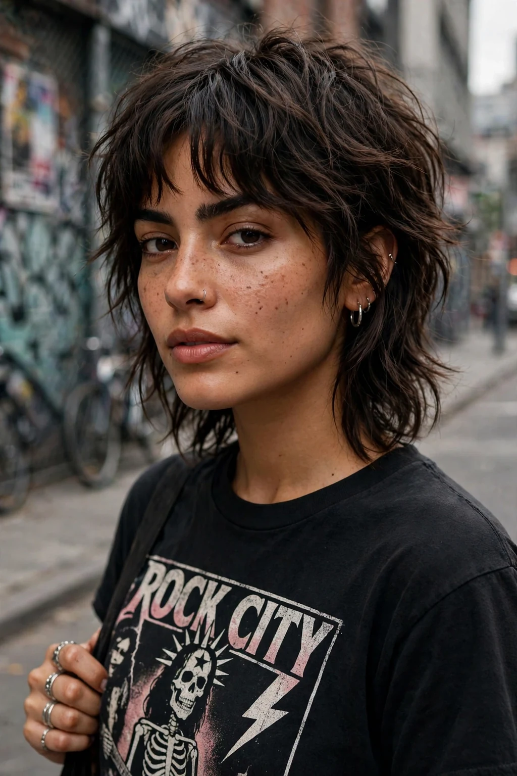 Beautiful woman with medium shag and curtain bangs, textured shag with curtain bangs, trendy light.