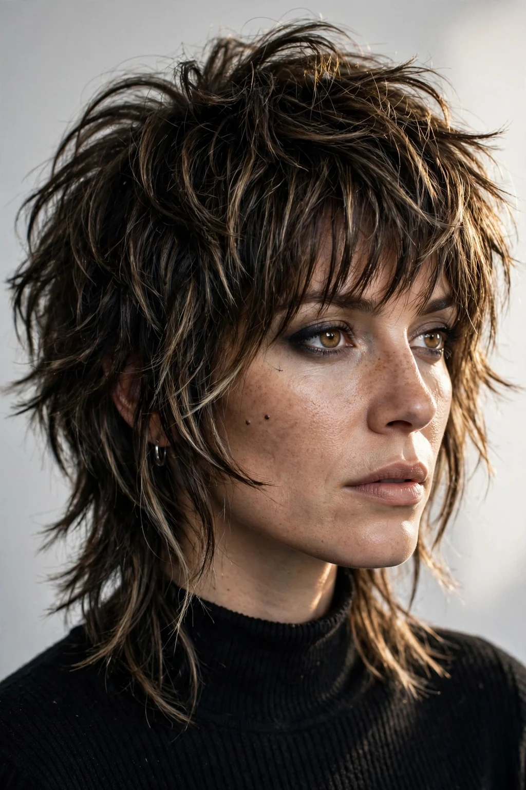 Woman with medium shag haircut, rock-inspired layers, edgy textured light.