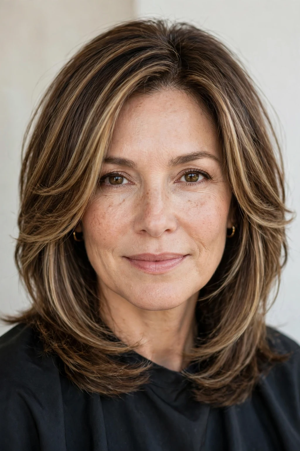 Woman over 40 with face-framing layers, contouring front pieces, flattering light.