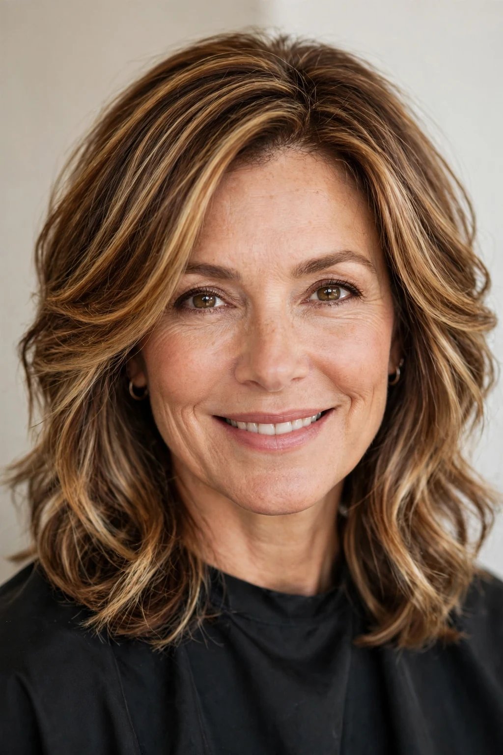Woman over 40 with medium style and highlights, dimensional color, radiant light.