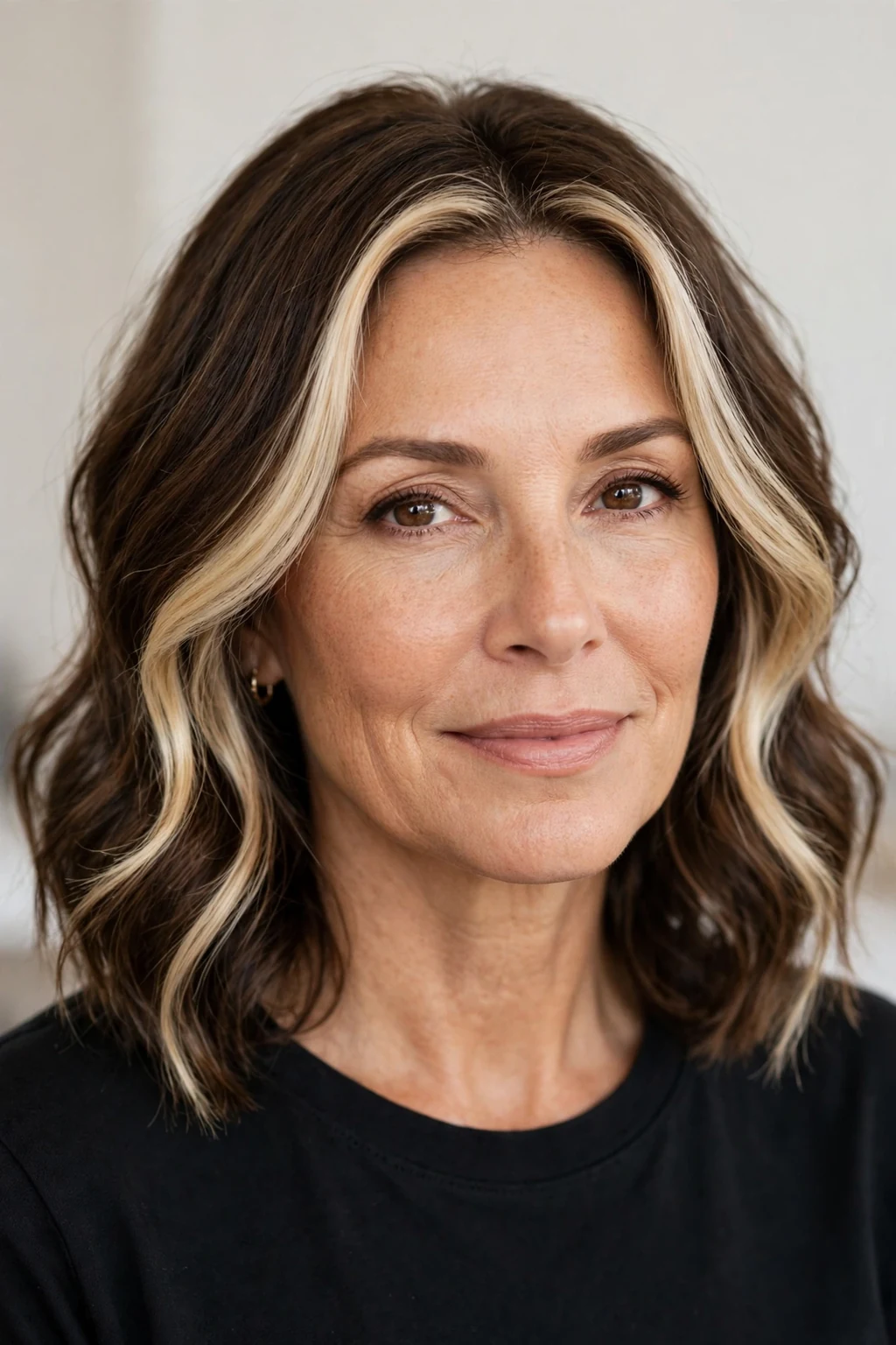 Woman over 40 with money piece highlights, bright face-framing color, radiant light.