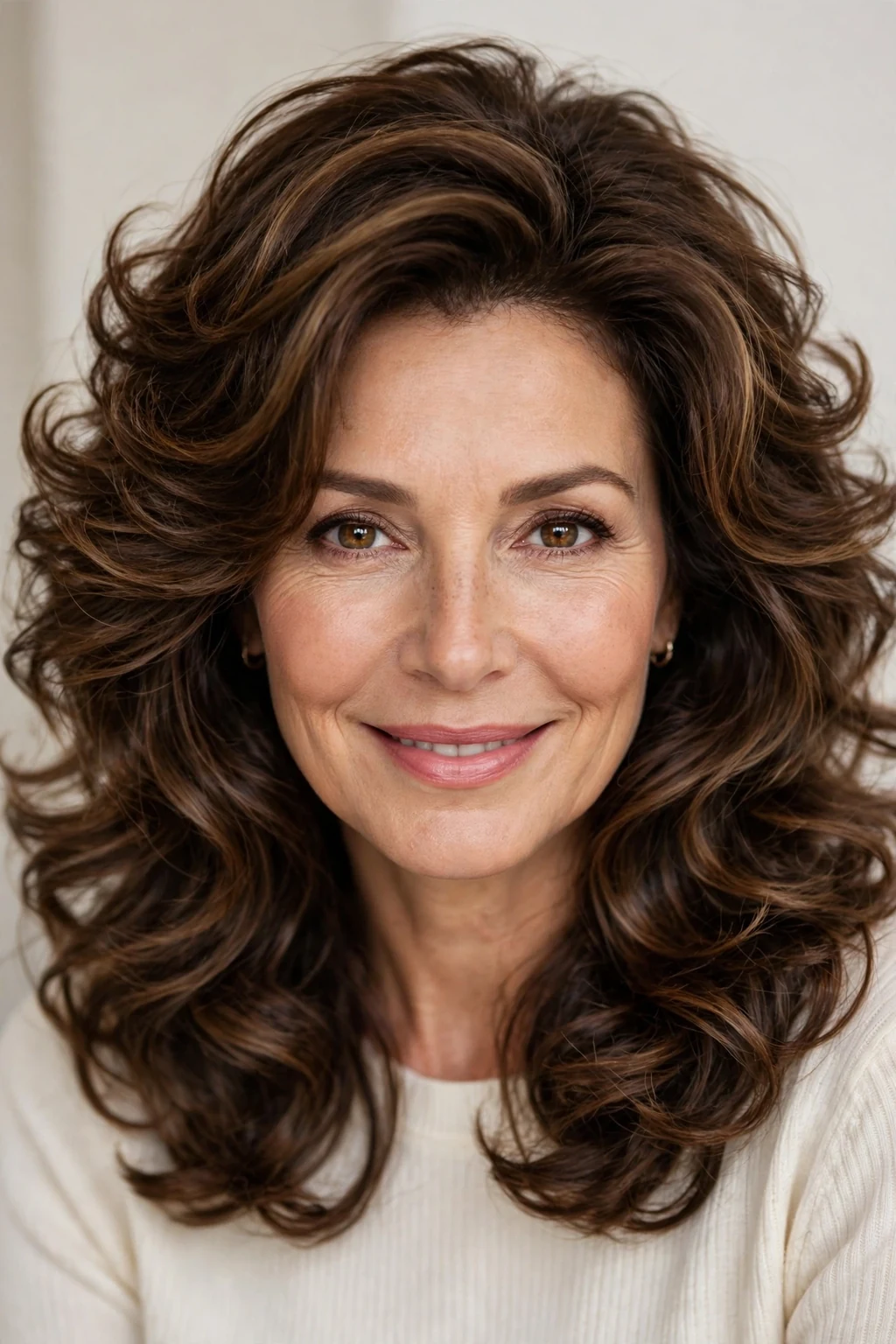 Woman over 40 with voluminous medium style, full bouncy body, glamorous light.