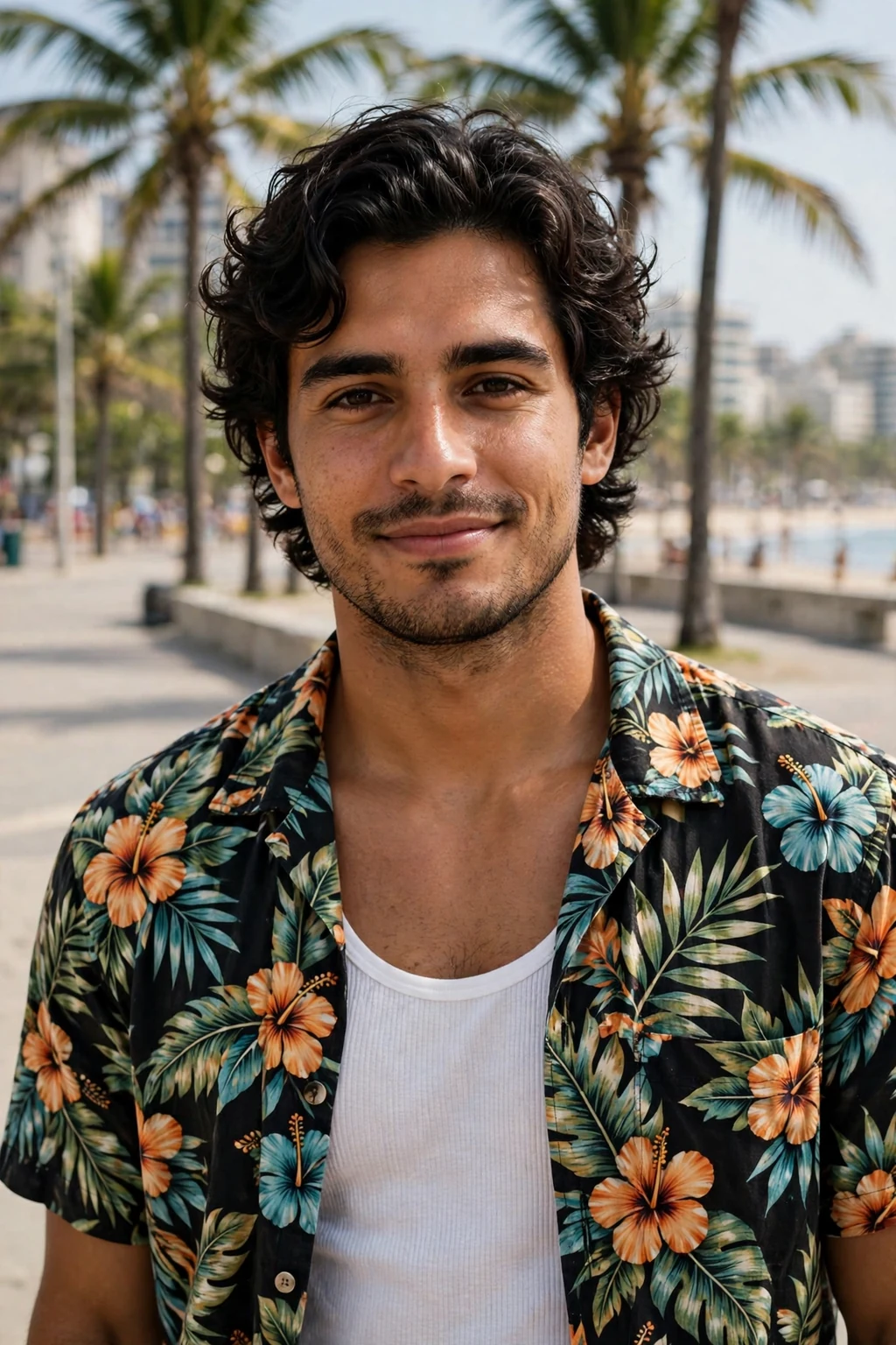 Man with medium surfer waves, sun-kissed wavy medium hair with a beachy finish.