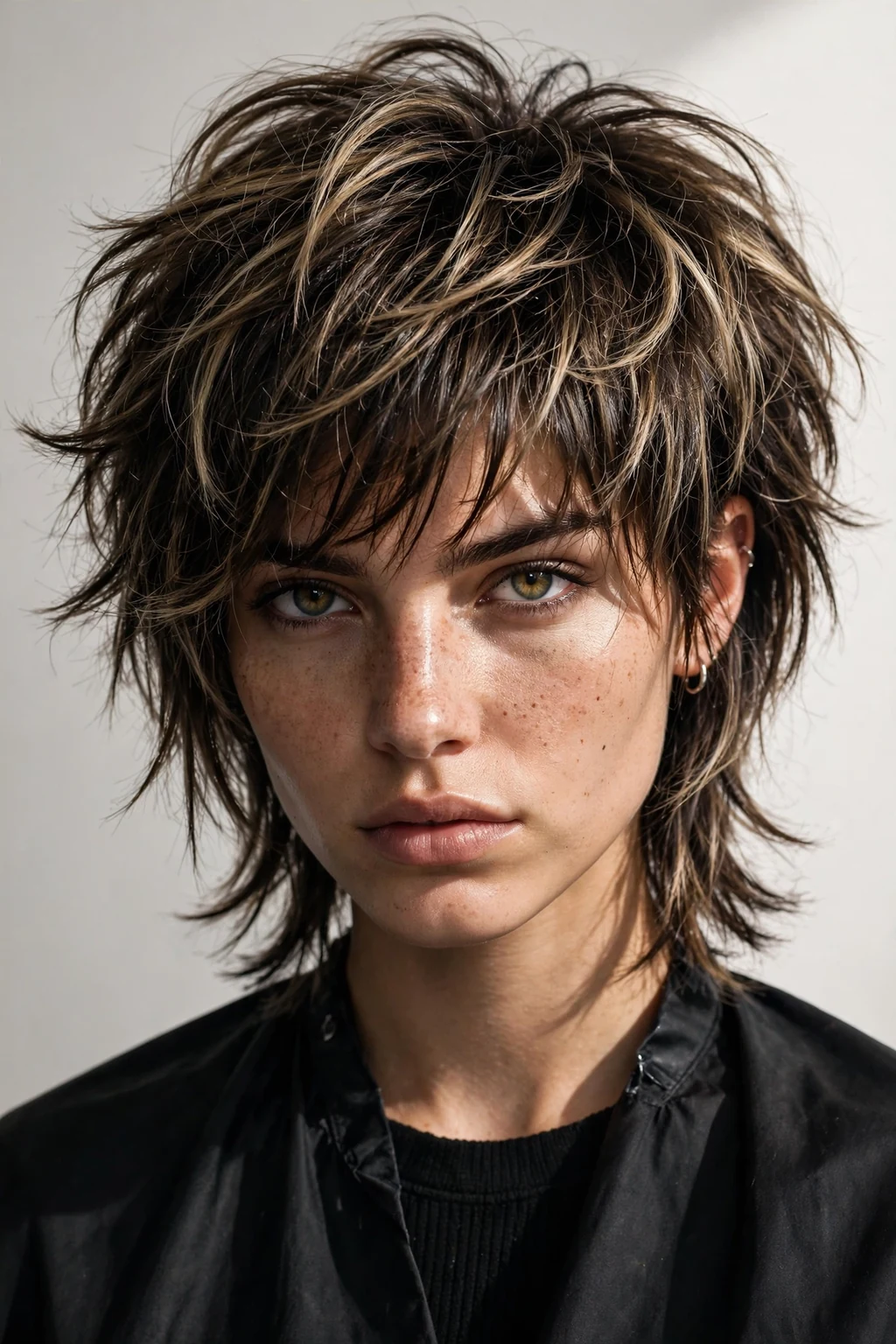 Woman with medium wolf cut, edgy voluminous layers, trendy fierce light.