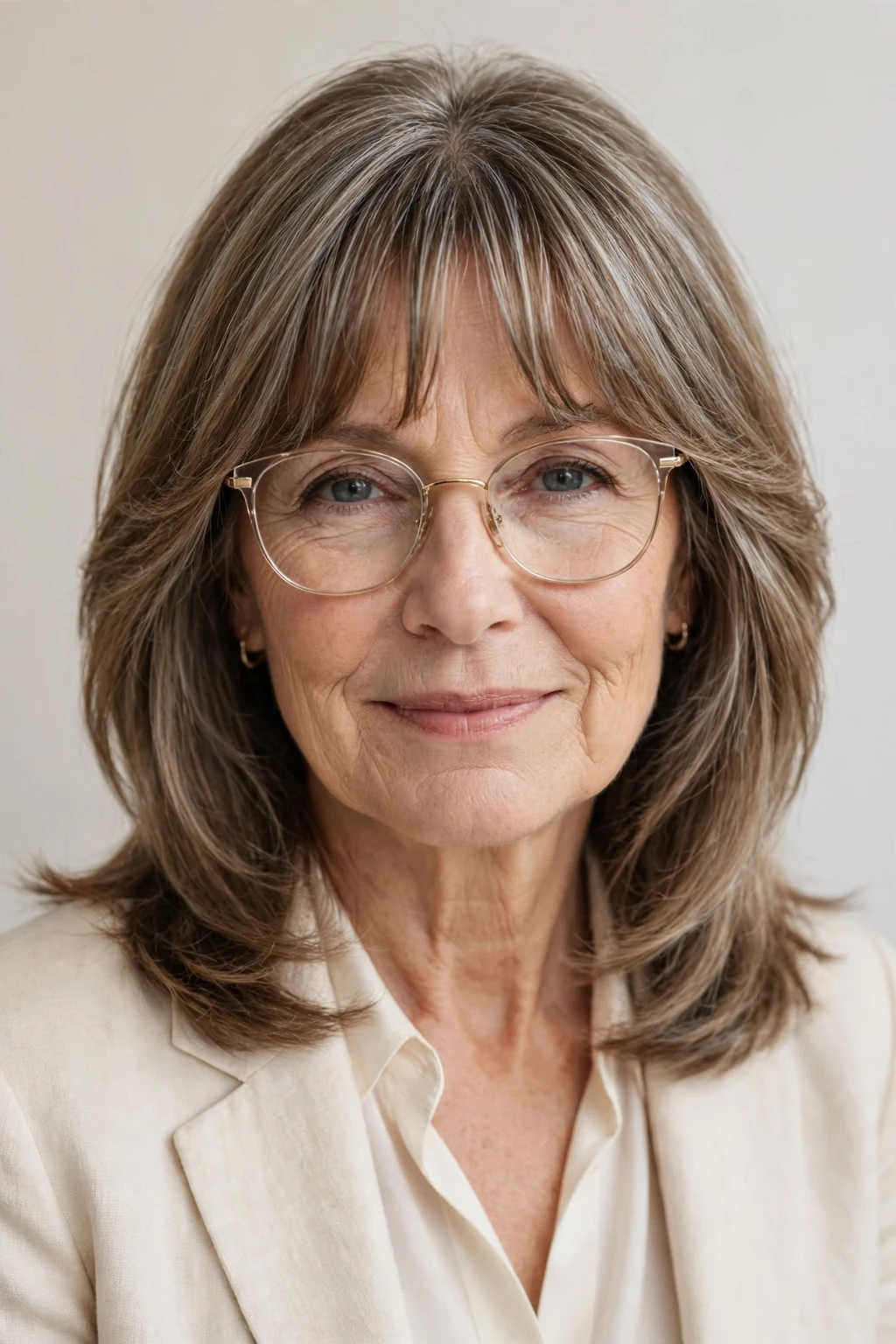 Elegant woman over 50 with glasses and medium-length hair with curtain bangs, soft parted fringe, flattering light.