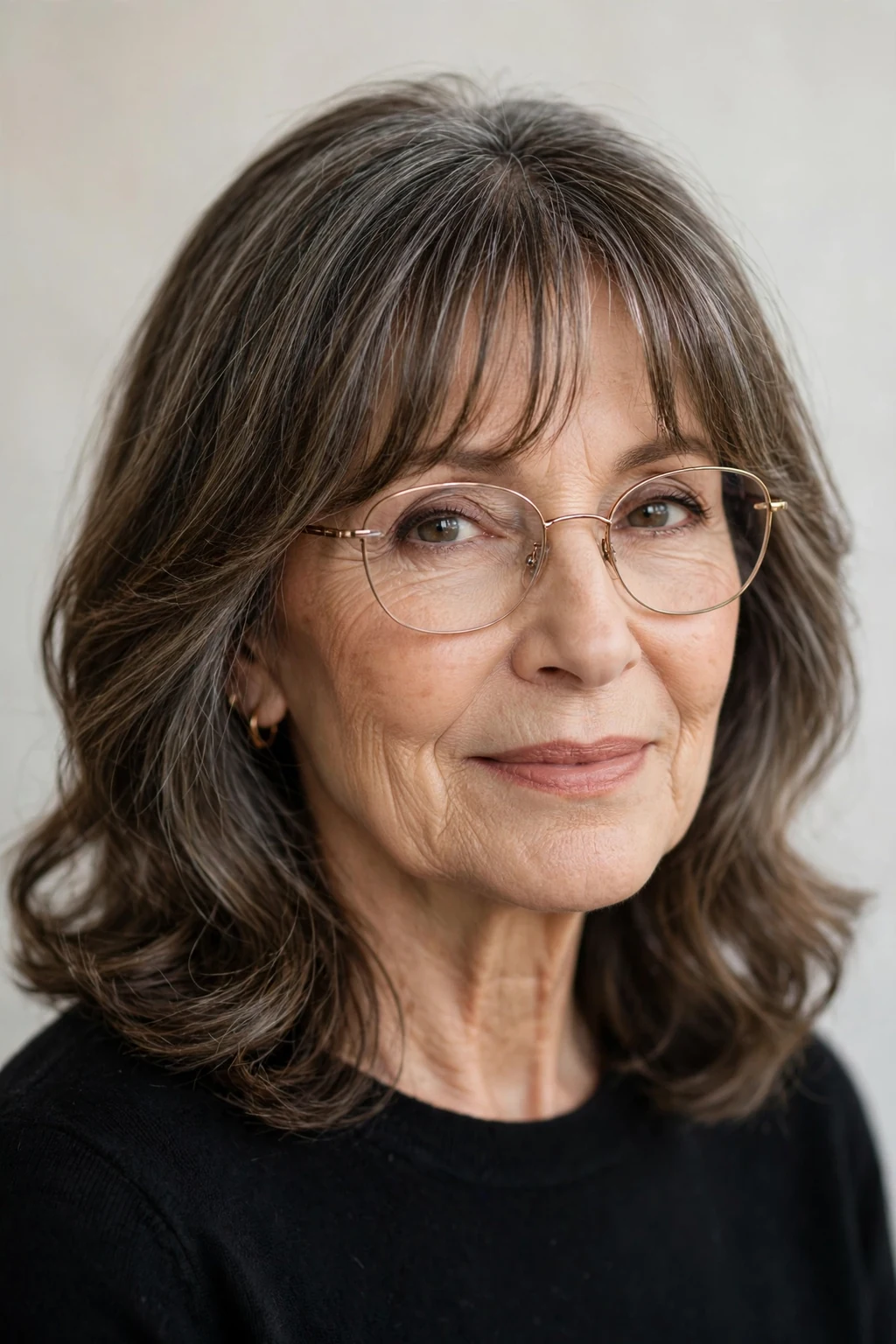 Elegant woman over 60 with glasses and medium-length hair with curtain bangs, soft parted fringe, flattering light.