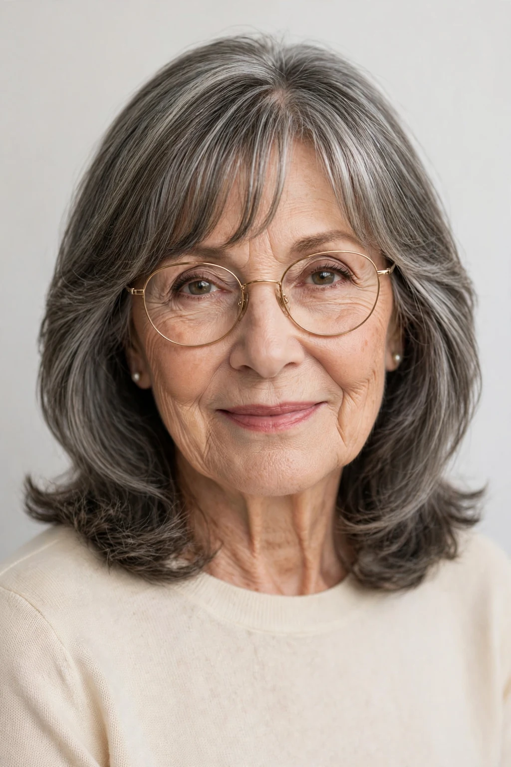 Elegant woman over 70 with glasses and medium-length hair with curtain bangs, soft parted fringe, flattering light.