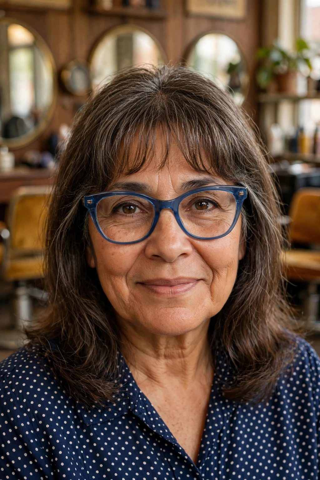 Elegant older woman over 50 with fine hair and glasses and medium-length hair with curtain bangs, soft parted fringe, flattering light.