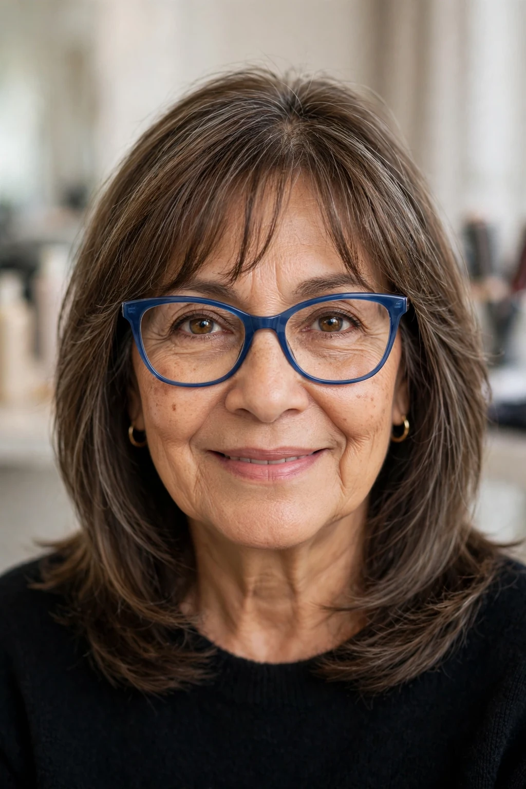 Elegant woman over 60 with fine hair and glasses and medium-length hair with curtain bangs, soft parted fringe, flattering light.