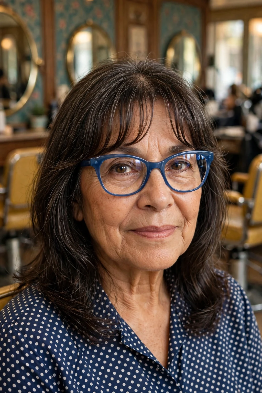 Elegant woman over 60 with fine hair and glasses and medium-length hair with curtain bangs, soft parted fringe, flattering light.