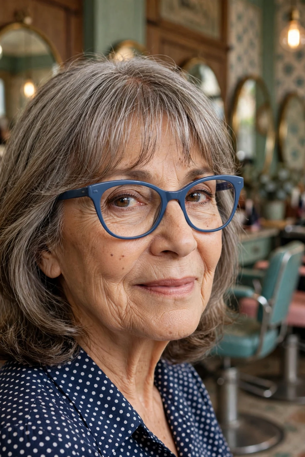 Elegant older woman over 70 with fine hair and glasses and medium-length hair with curtain bangs, soft parted fringe, flattering light.