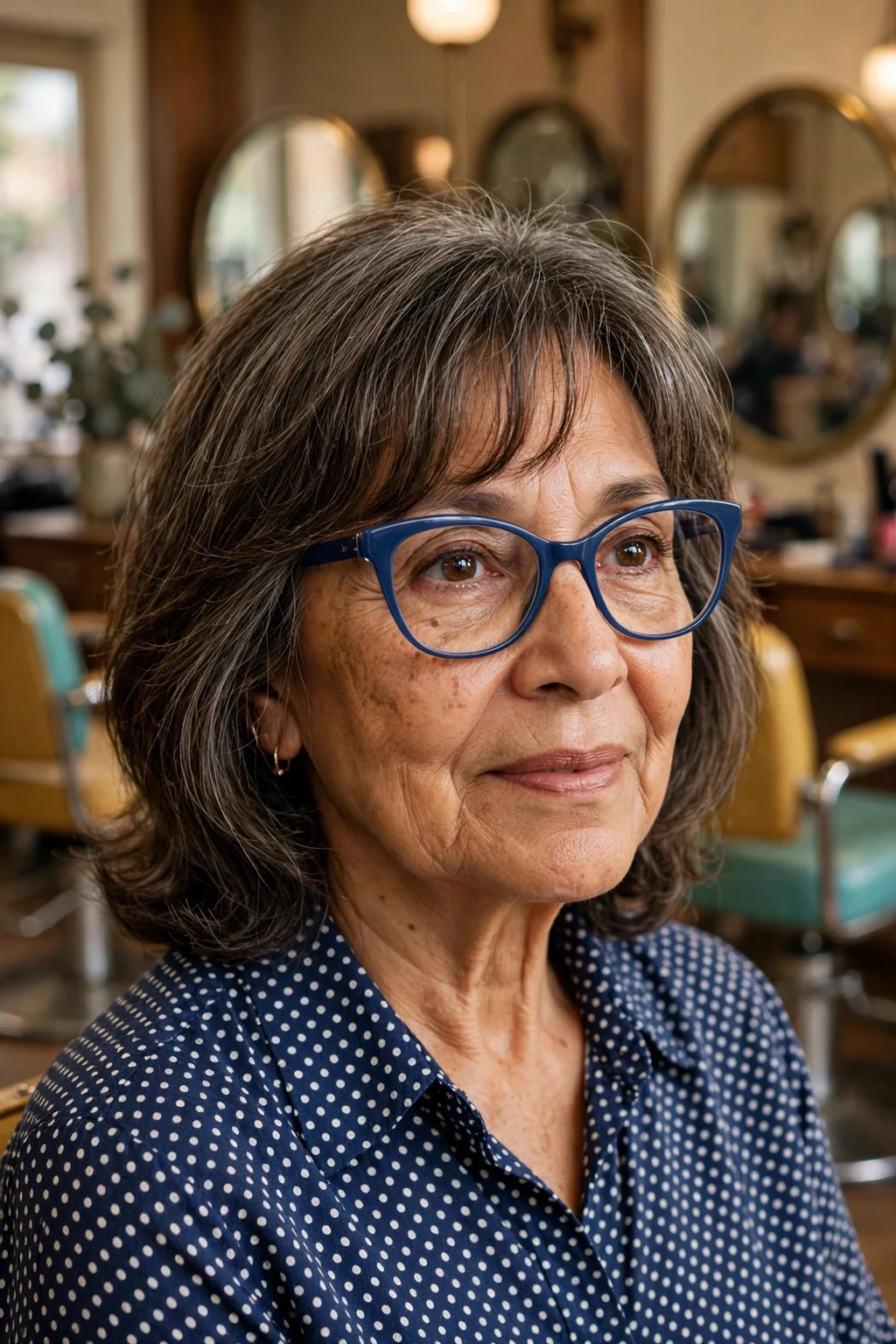 Elegant woman over 60 with fine hair and glasses and medium-length hair with curtain bangs, soft parted fringe, flattering light.