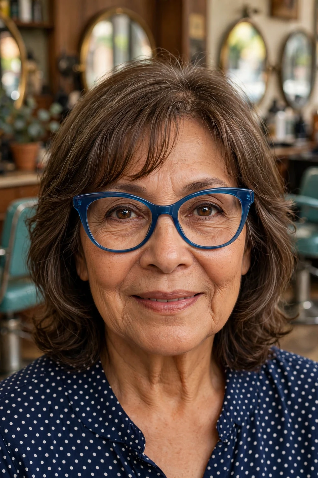 Elegant woman over 60 with fine hair and glasses and medium-length hair with curtain bangs, soft parted fringe, flattering light.