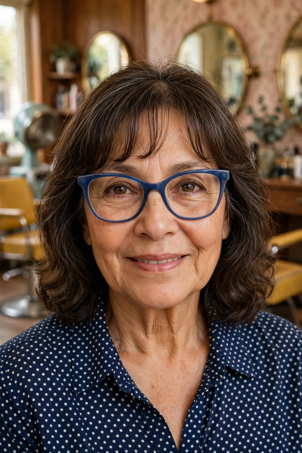 Elegant older woman with fine hair and glasses and medium-length hair with curtain bangs, soft parted fringe, flattering light.