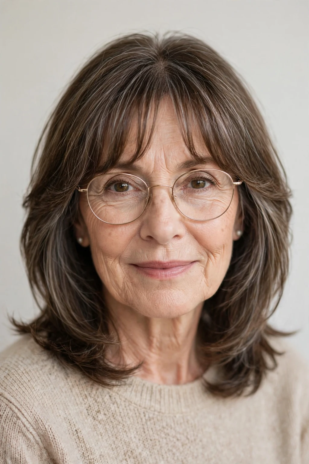 Elegant older woman with glasses and medium-length hair with curtain bangs, soft parted fringe, flattering light.