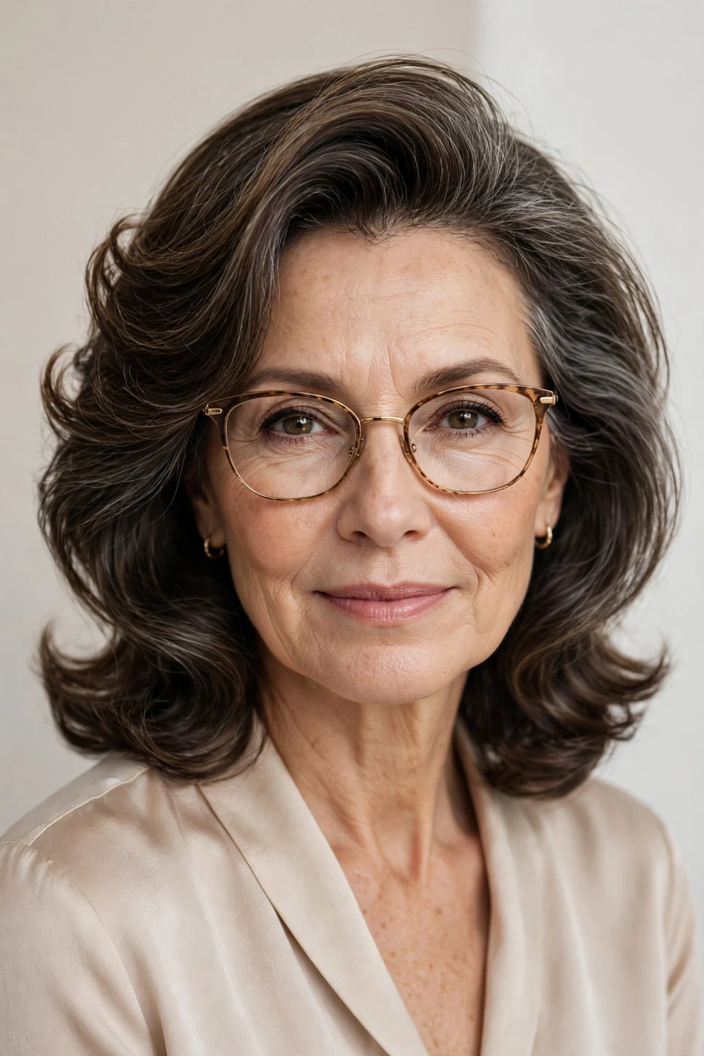 Elegant woman over 50 with glasses and medium-length hair with deep side part, elegant sweeping volume, refined light.