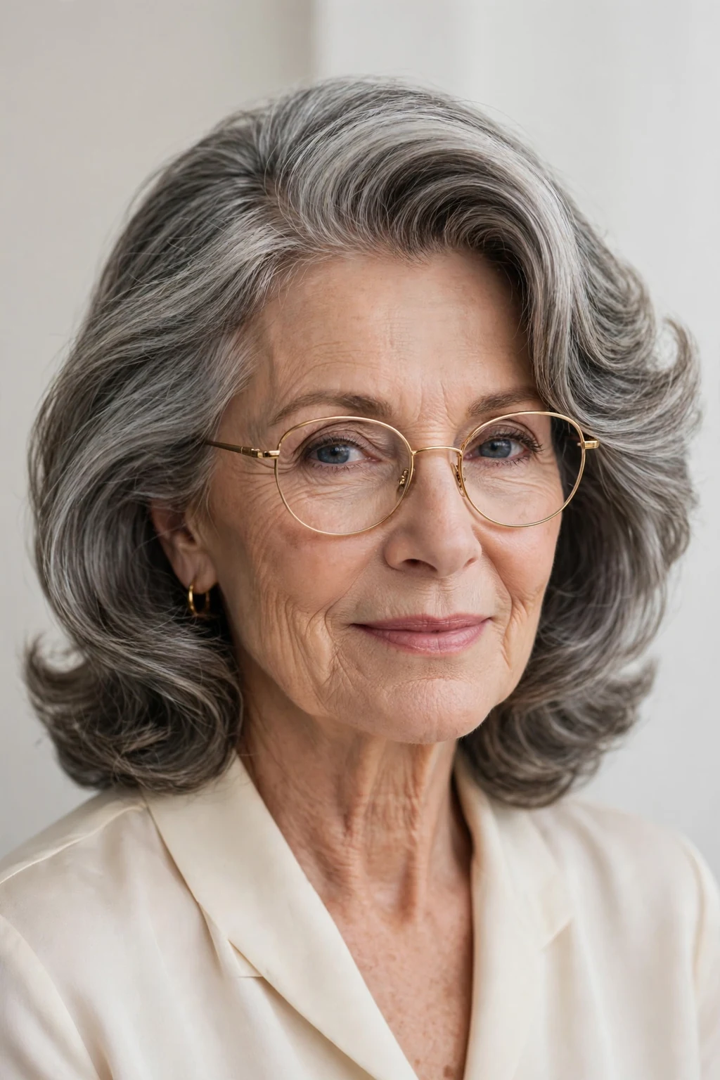 Elegant woman over 60 with glasses and medium-length hair with deep side part, elegant sweeping volume, refined light.