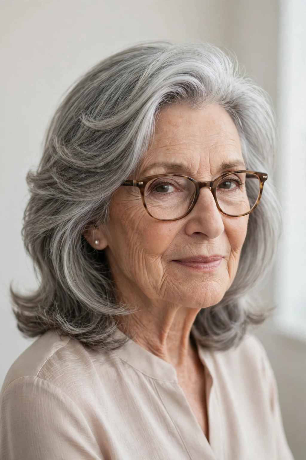 Elegant woman over 70 with glasses and medium-length hair with deep side part, elegant sweeping volume, refined light.