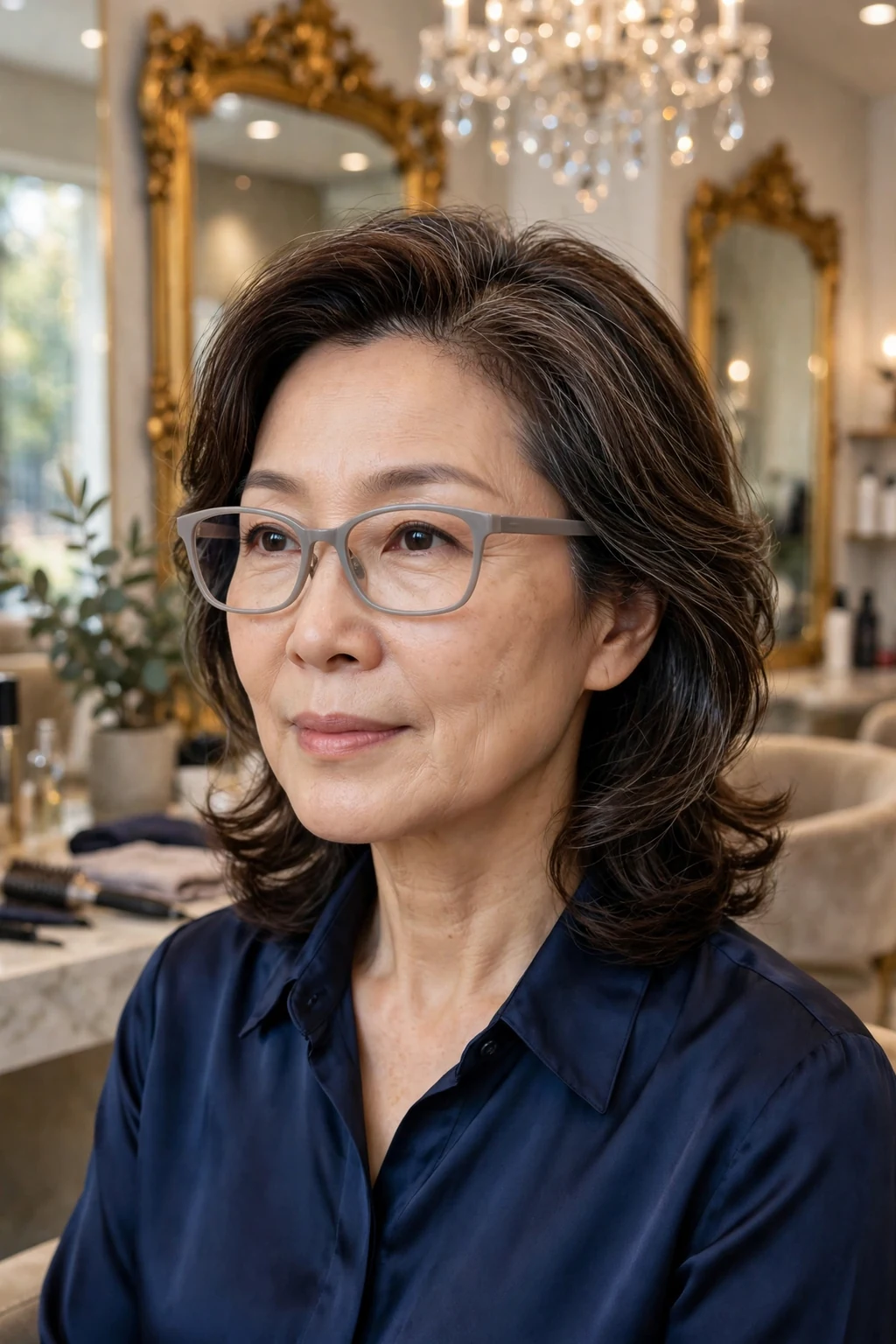 Elegant older woman over 50 with fine hair and glasses and medium-length hair with deep side part, elegant sweeping volume, refined light.