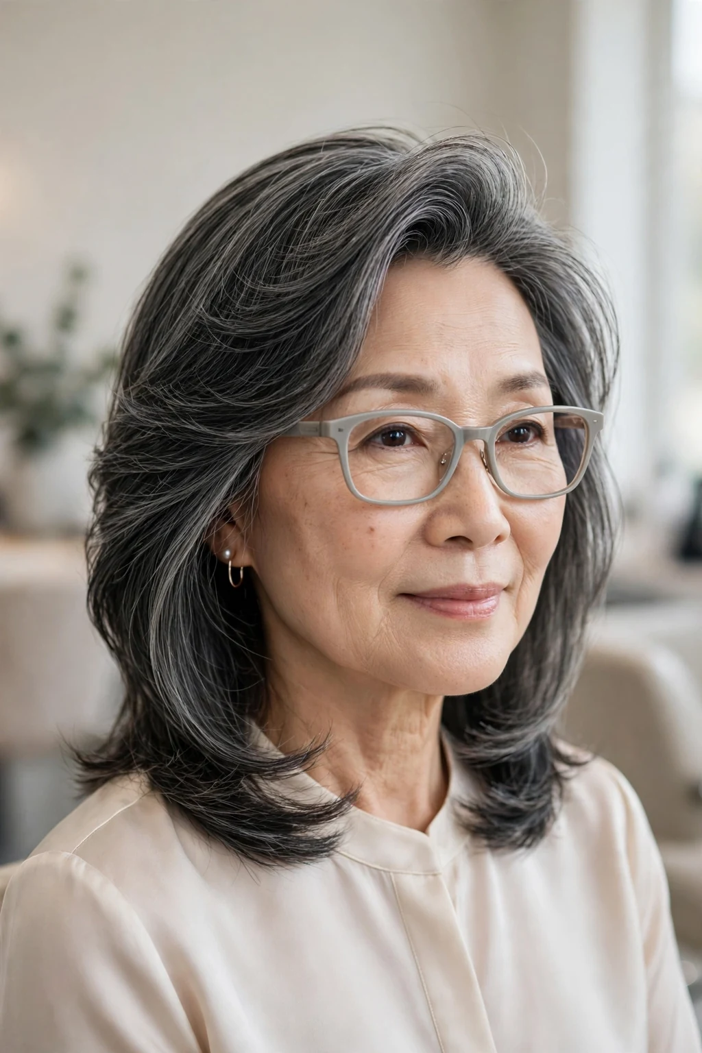 Elegant woman over 60 with fine hair and glasses and medium-length hair with deep side part, elegant sweeping volume, refined light.