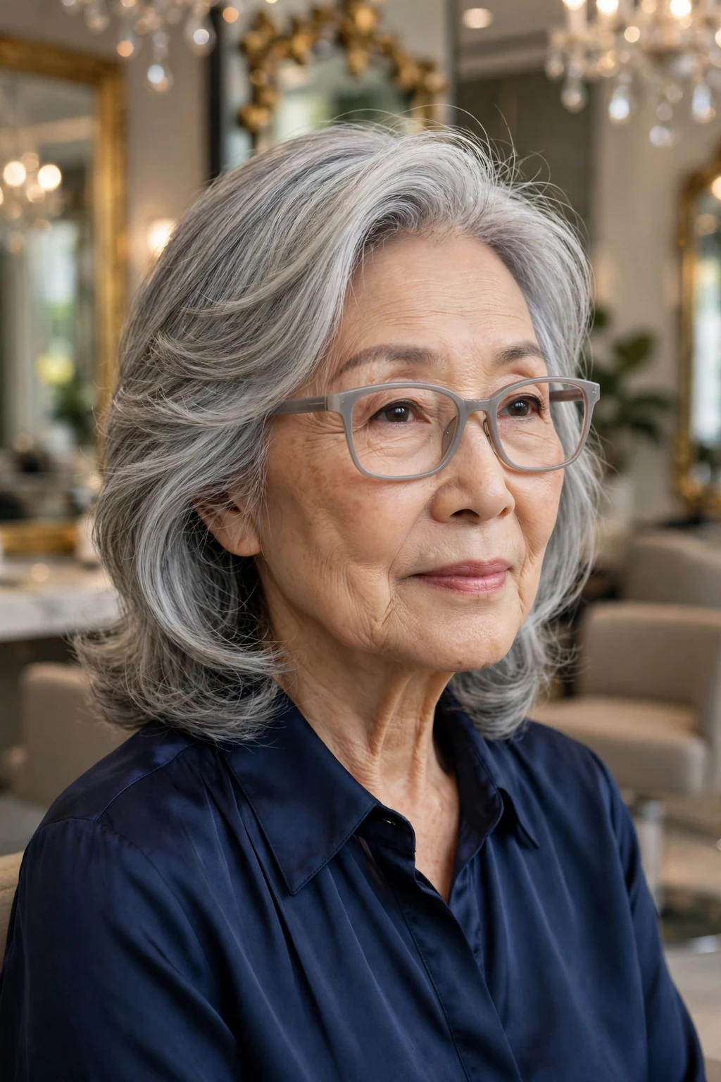 Elegant older woman over 70 with fine hair and glasses and medium-length hair with deep side part, elegant sweeping volume, refined light.