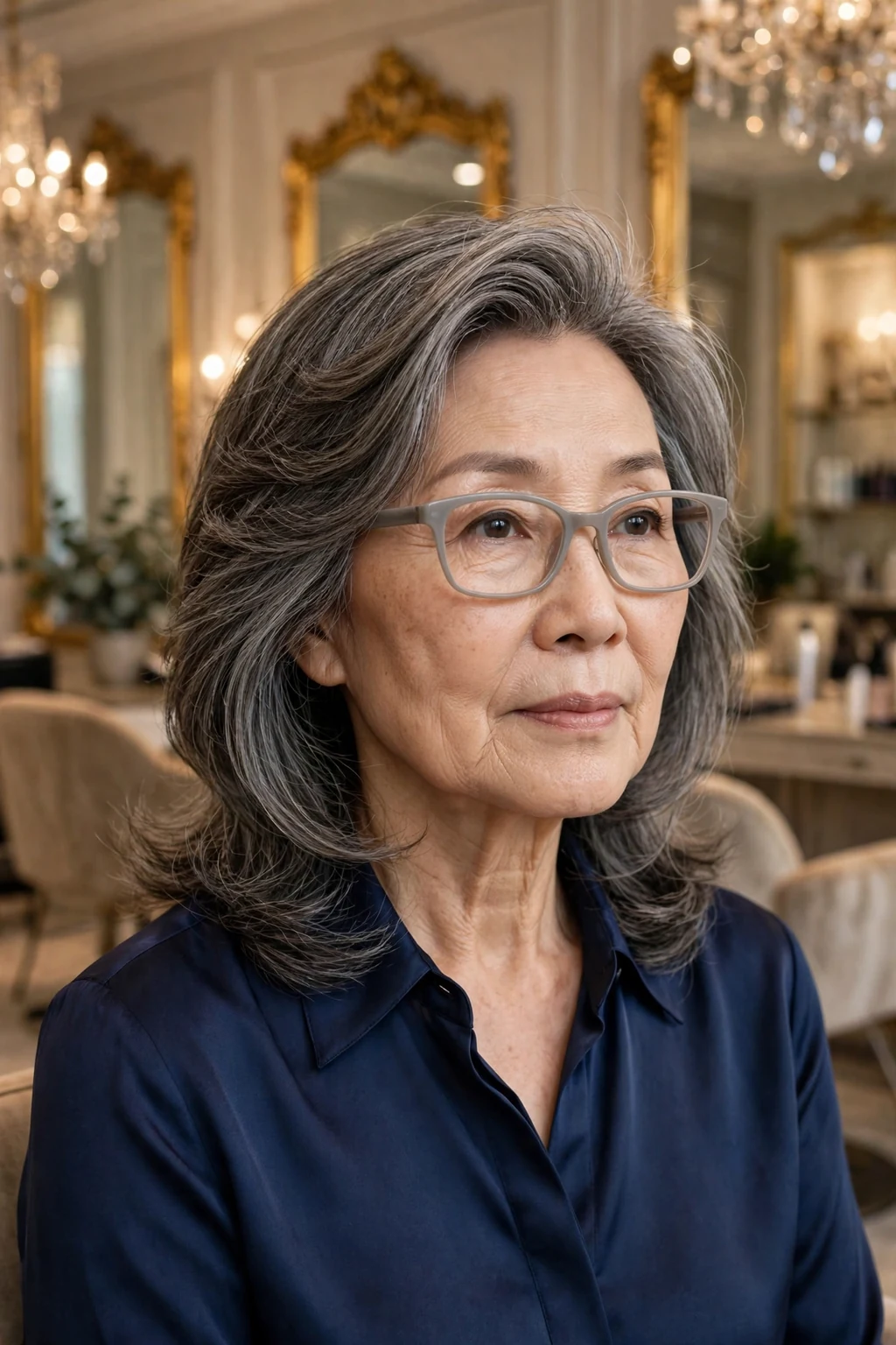 Elegant woman over 60 with fine hair and glasses and medium-length hair with deep side part, elegant sweeping volume, refined light.