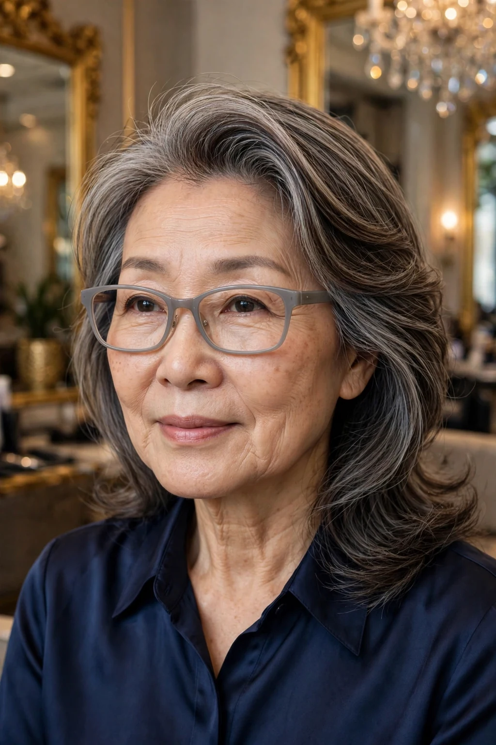 Elegant woman over 60 with fine hair and glasses and medium-length hair with deep side part, elegant sweeping volume, refined light.