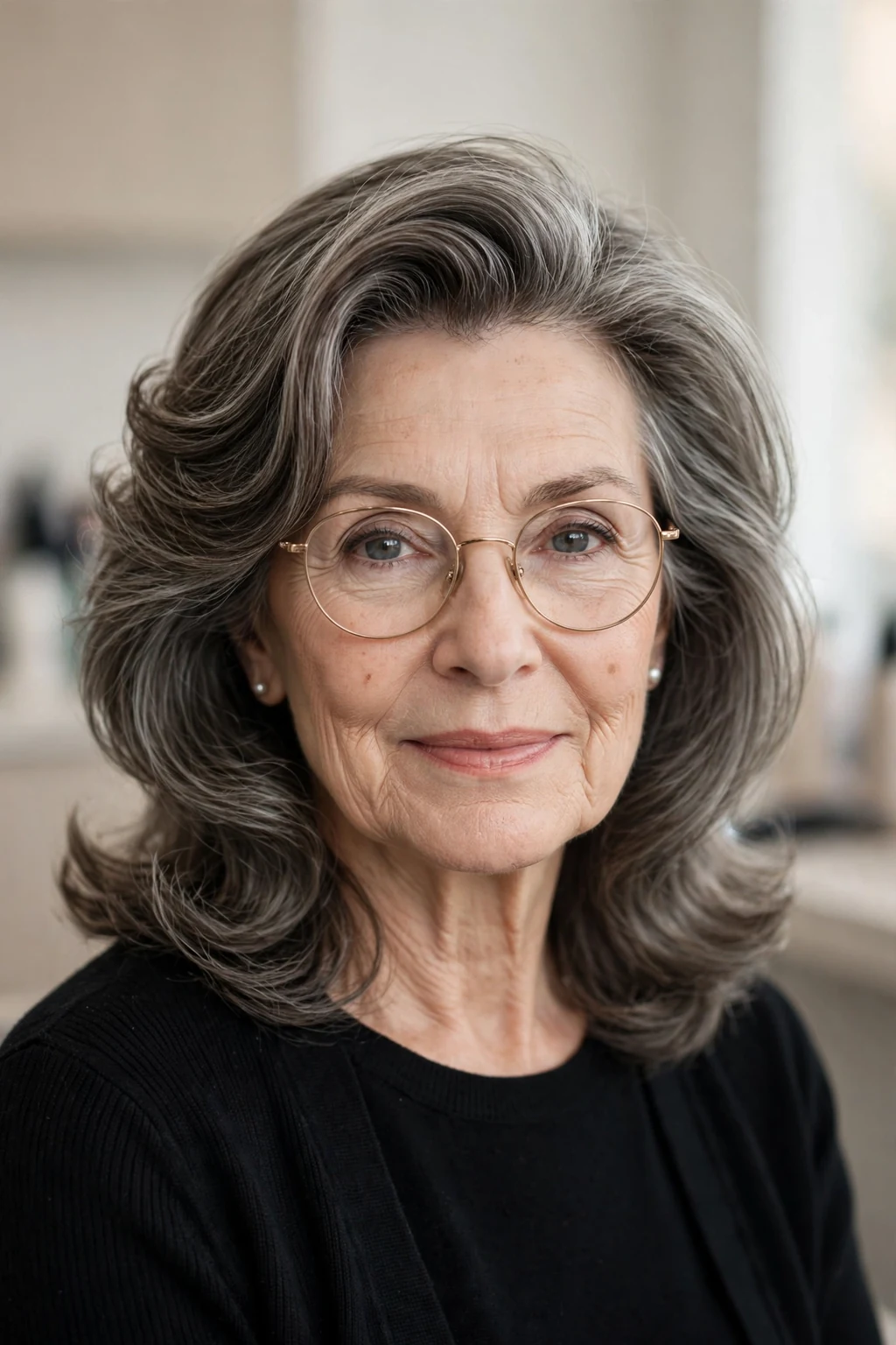 Elegant older woman with glasses and medium-length hair with deep side part, elegant sweeping volume, refined light.