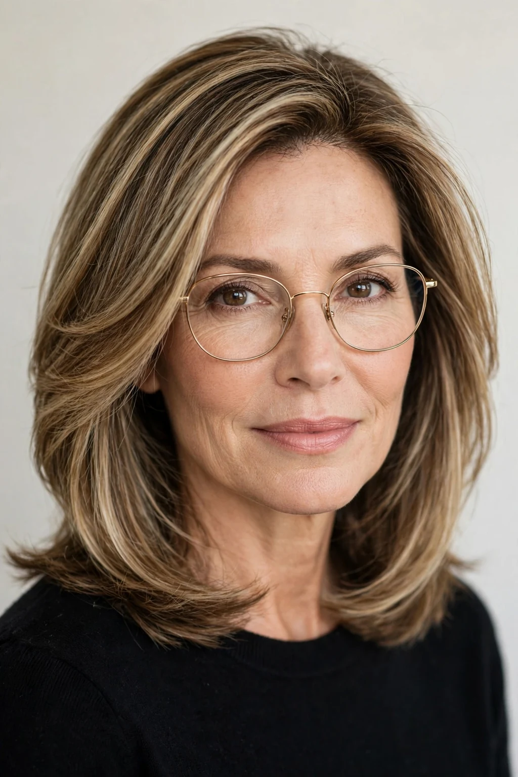 Elegant woman over 50 with glasses and highlighted medium-length hair, dimensional radiant color, luminous light.