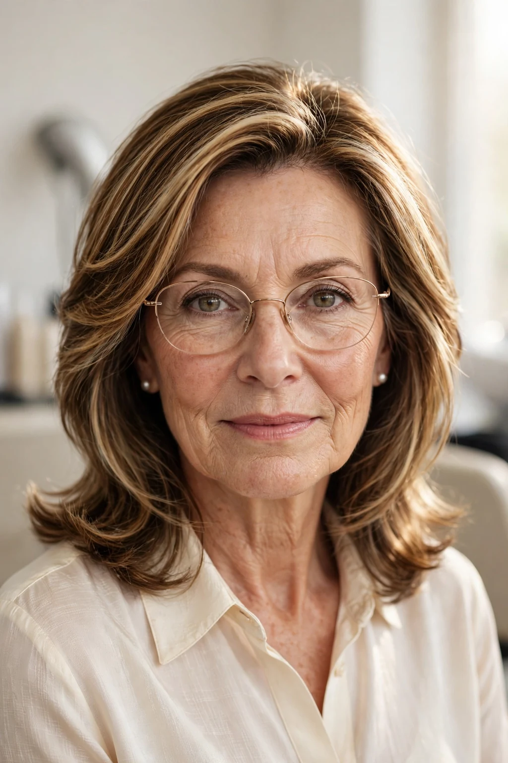 Elegant woman over 60 with glasses and highlighted medium-length hair, dimensional radiant color, luminous light.