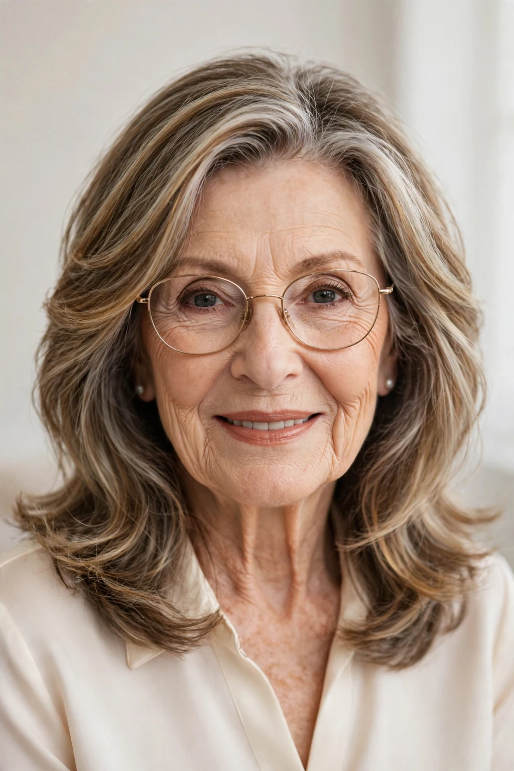 Elegant woman over 70 with glasses and highlighted medium-length hair, dimensional radiant color, luminous light.