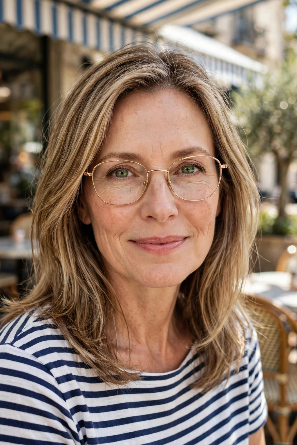 Elegant older woman over 50 with fine hair and glasses and highlighted medium-length hair, dimensional radiant color, luminous light.